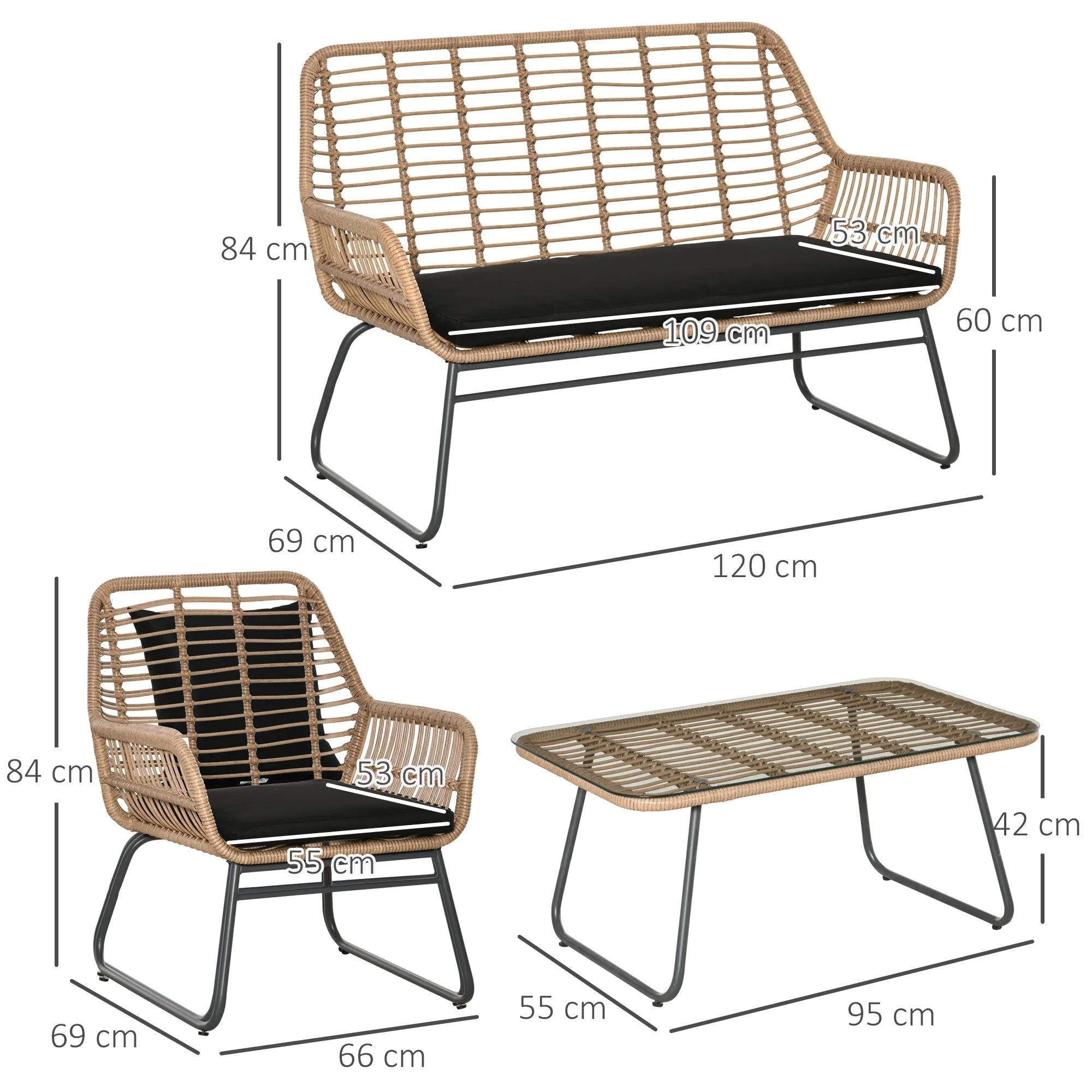 Boho Style PE Rattan Garden Furniture Set with 2 Armchairs, Sofa and Coffee Table - Image 3