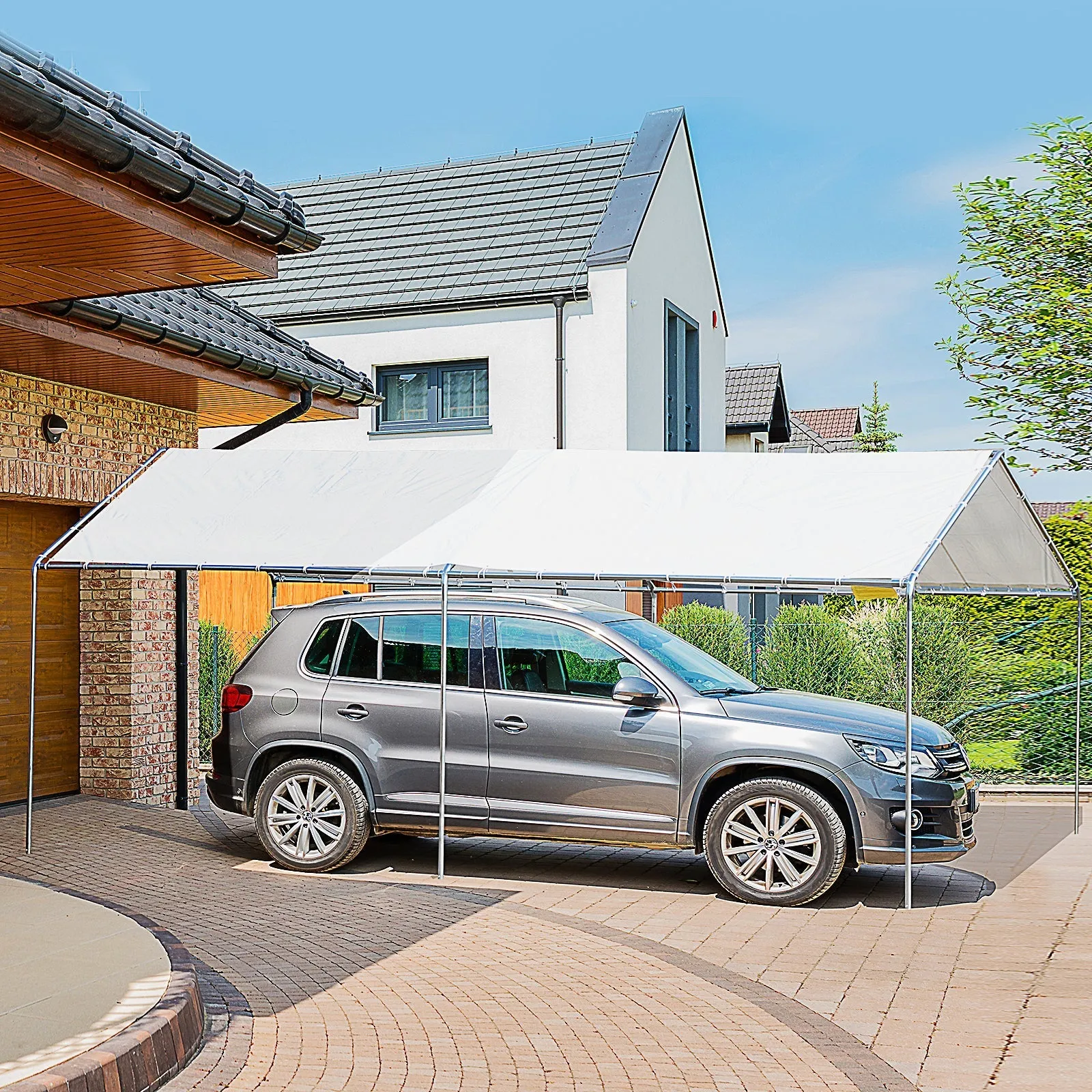 Galvanized Steel Car Awning with Anchoring Kit, 5.95x2.94x2.6m - White - Image 2