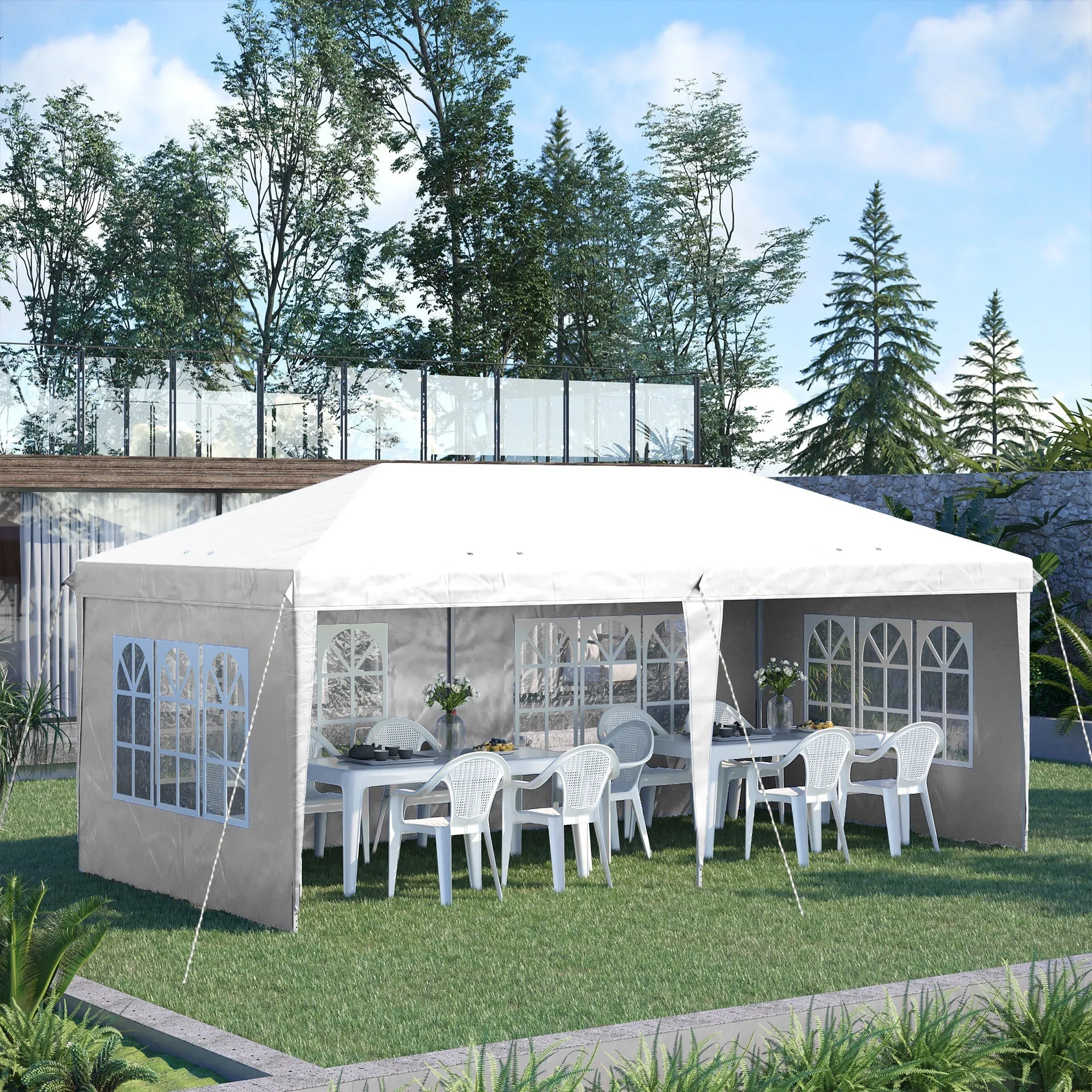 White Outdoor Gazebo with Height Adjustable Windows and Removable Curtains 5.9x3x2.7m - Image 2