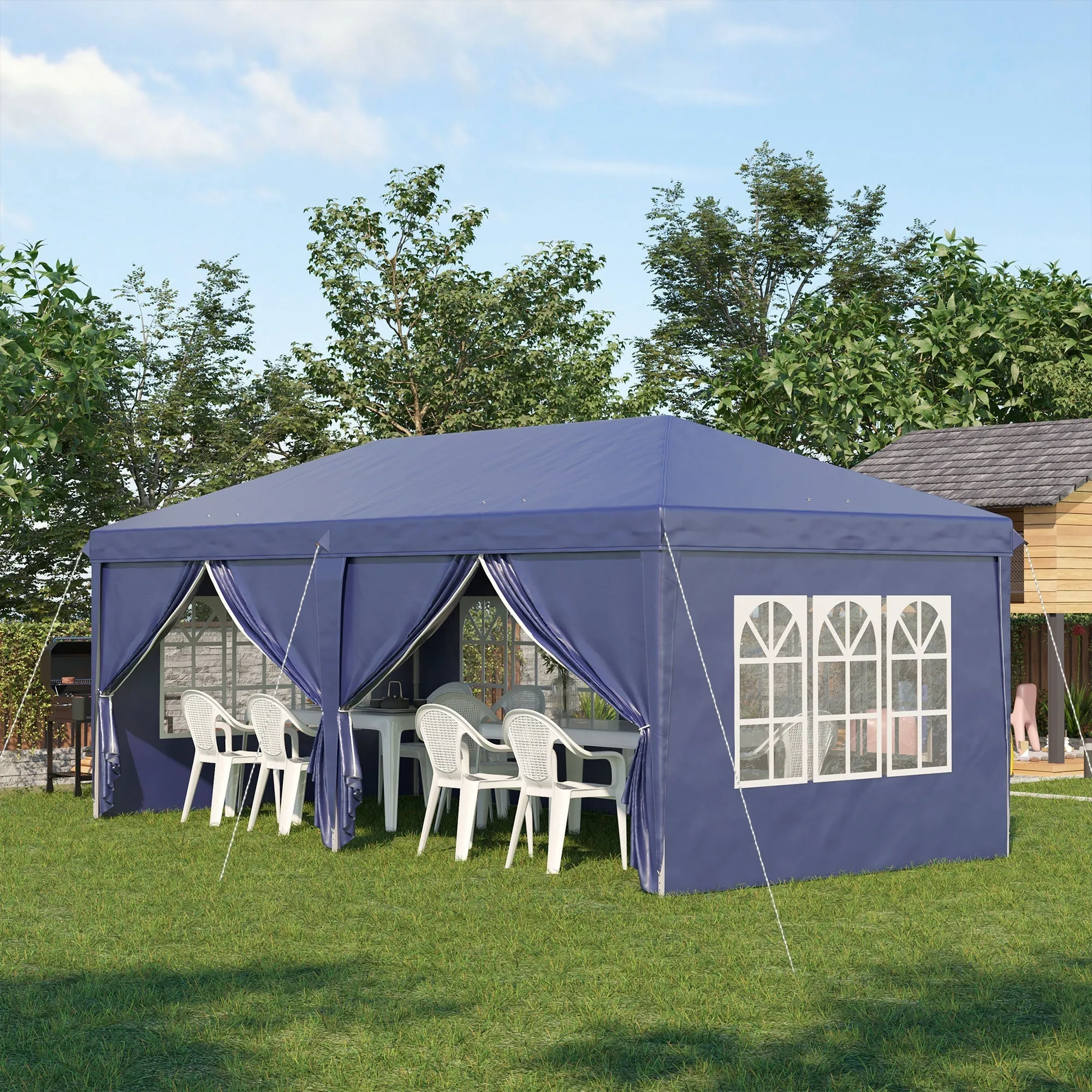 Gazebo 6x3 m Folding Garden, Steel and Polyester with 6 Side Panels, Blue - Image 2