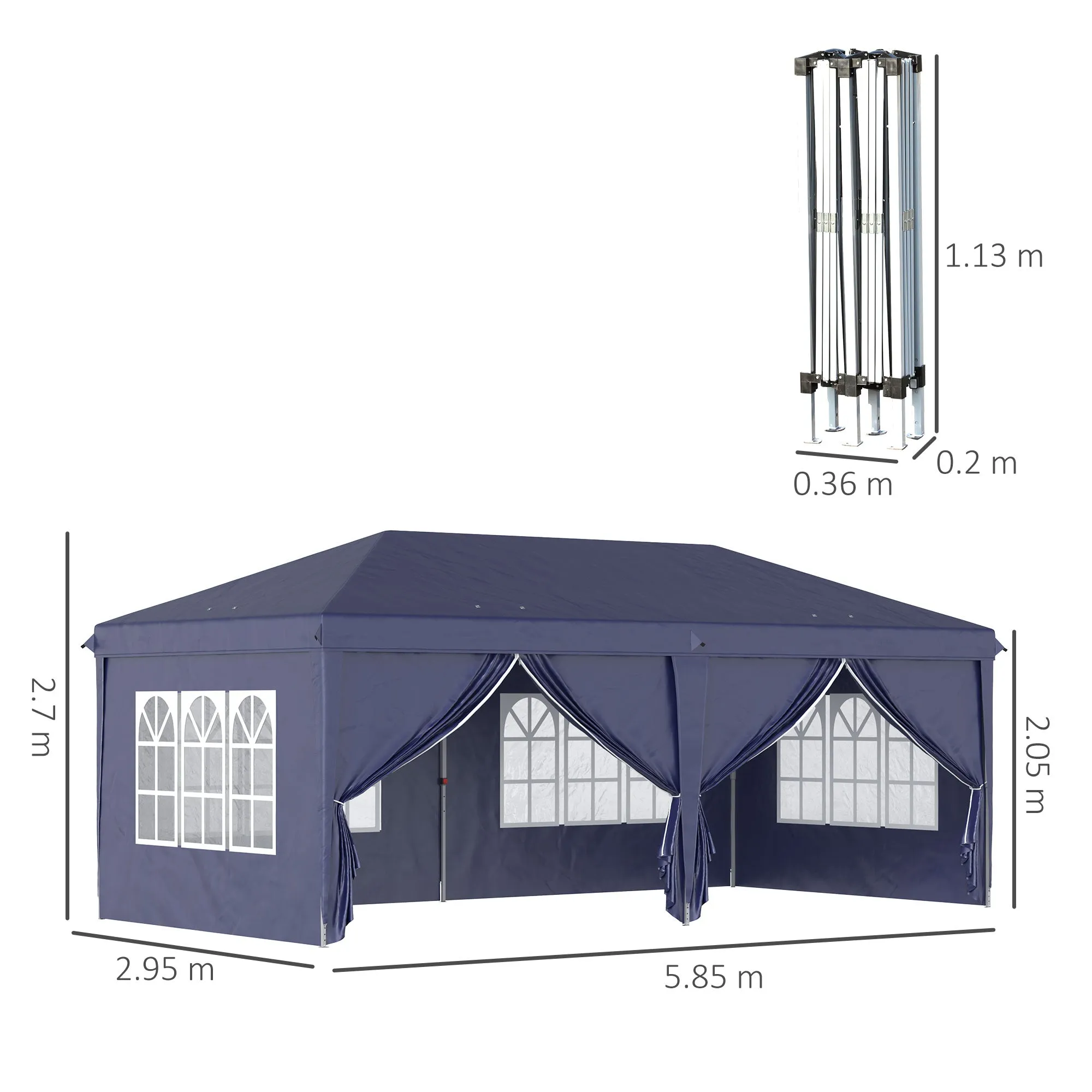 Gazebo 6x3 m Folding Garden, Steel and Polyester with 6 Side Panels, Blue - Image 3