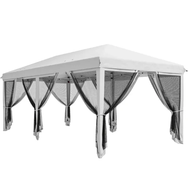 6x3m Folding Gazebo in Steel with 6 Mosquito Net Curtains, Cream Color