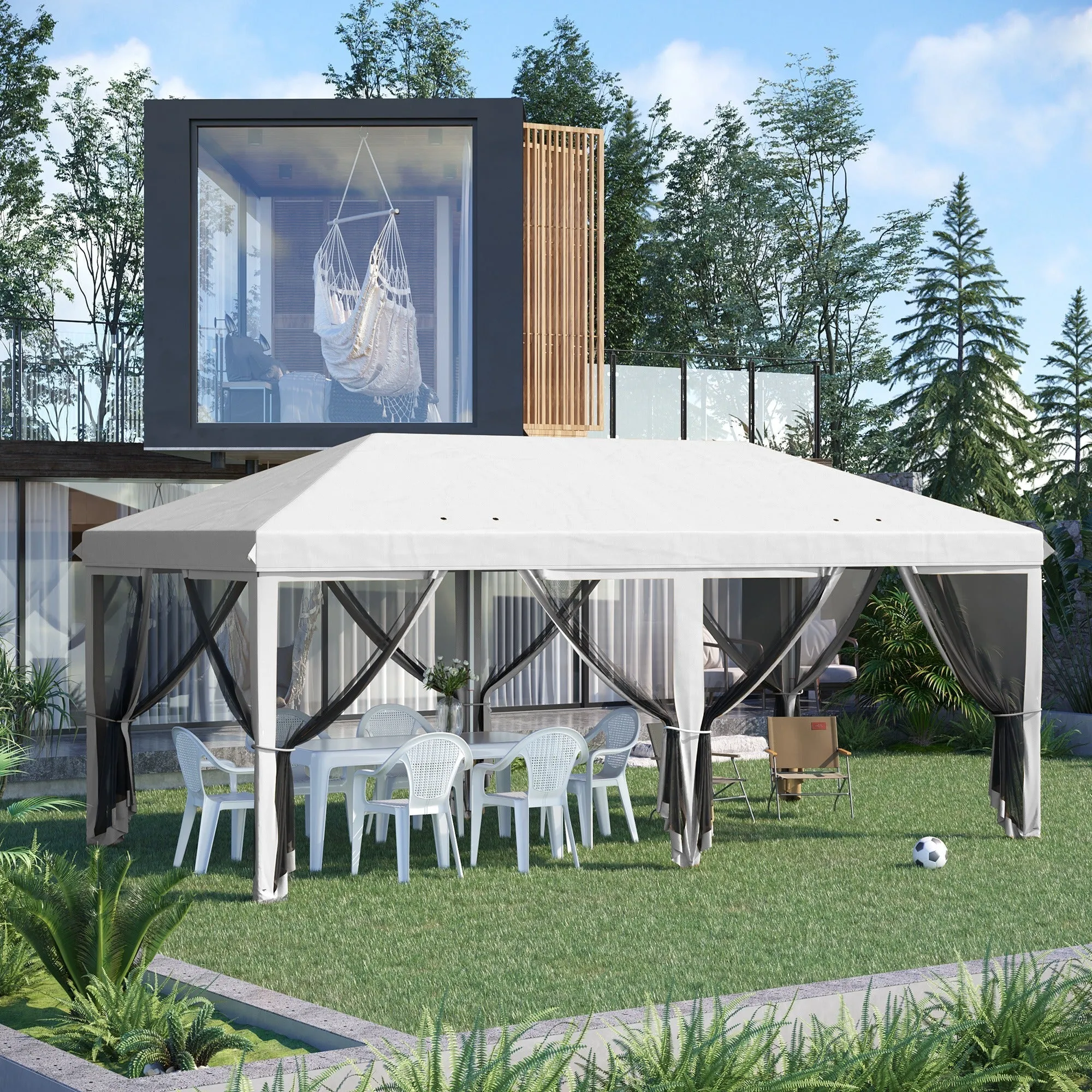 6x3m Folding Gazebo in Steel with 6 Mosquito Net Curtains, Cream Color - Image 2