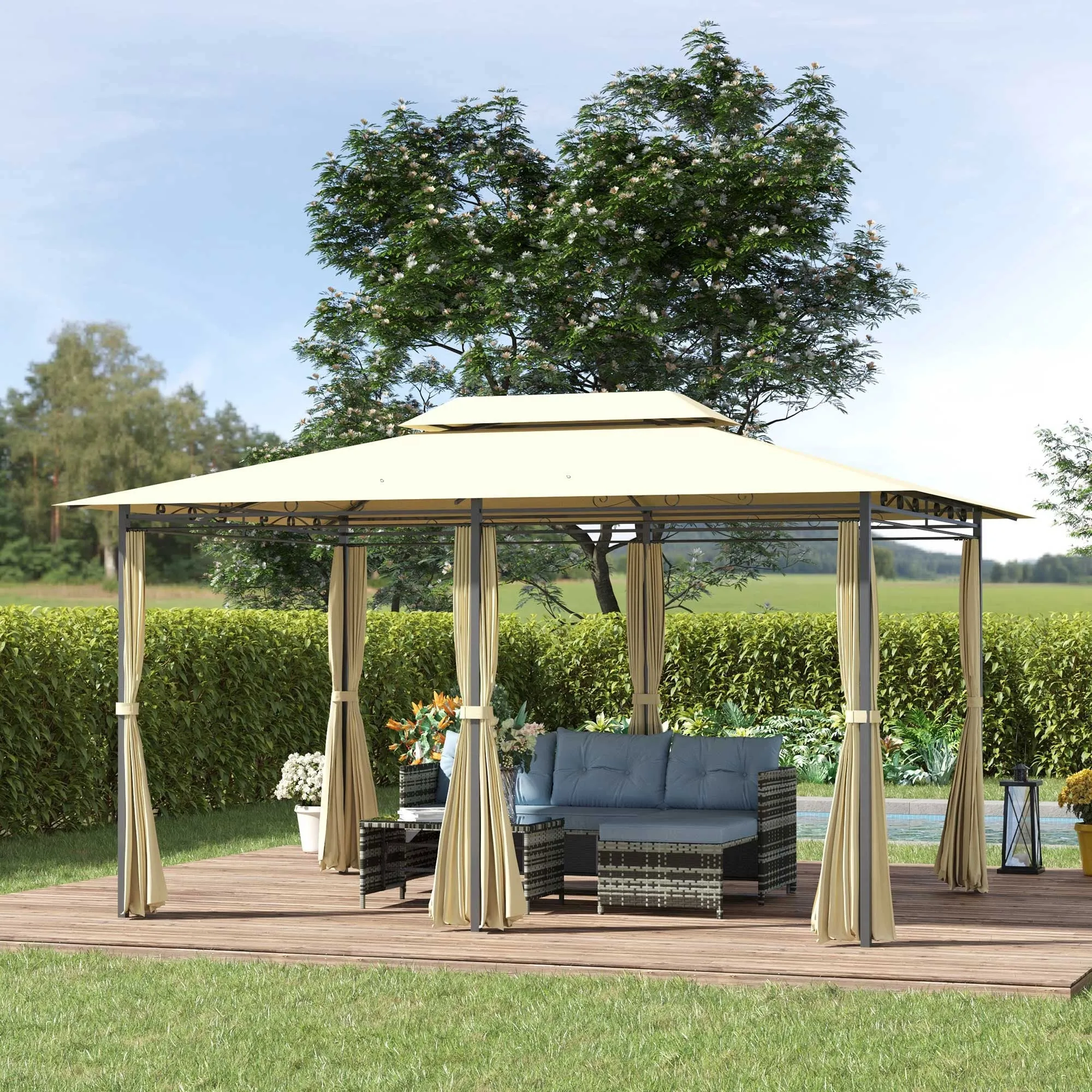 ROMA | 3x4m Garden Gazebo with Curtains and 2-Tier Roof Cream White - Image 2