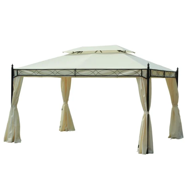 3x4m Steel Garden Gazebo with Double Roof and 4 Side Awnings, Cream