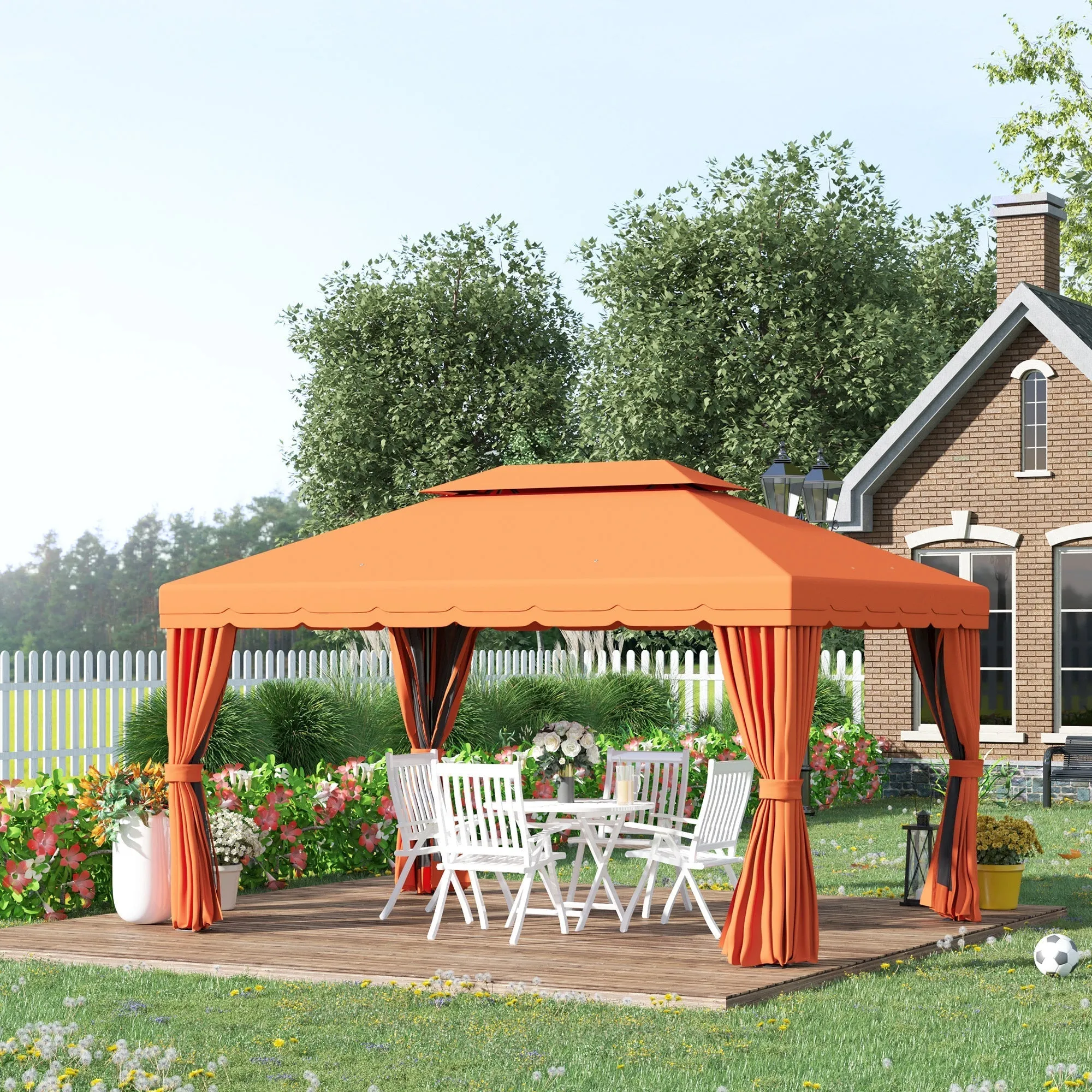 4x3m Garden Gazebo with Double Roof and Side Awnings, Orange - Image 2