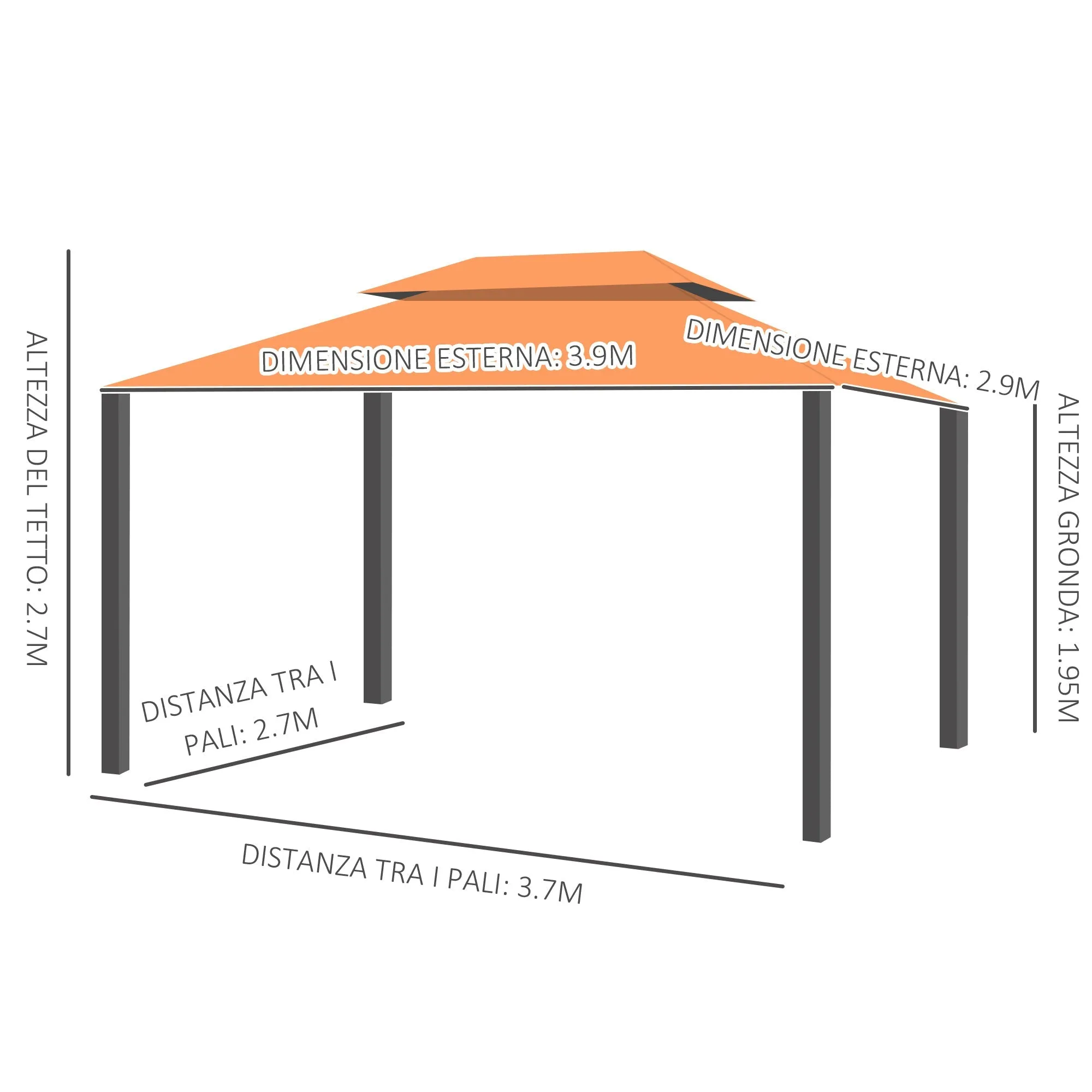 4x3m Garden Gazebo with Double Roof and Side Awnings, Orange - Image 3