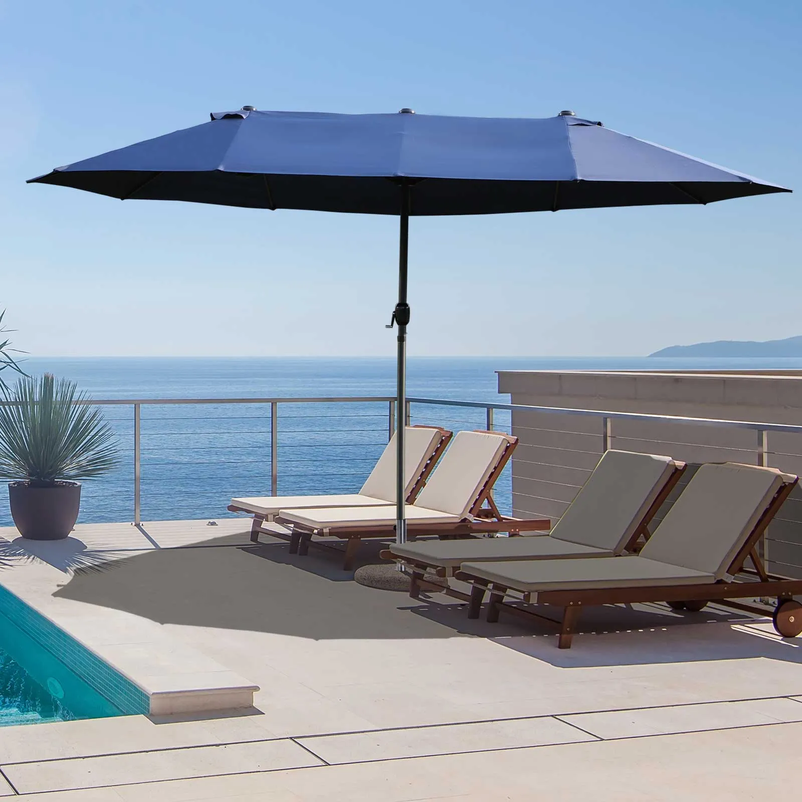 Double Garden Umbrella with Crank Opening, Steel and Polyester, 460x270x240 cm, Blue - Image 2