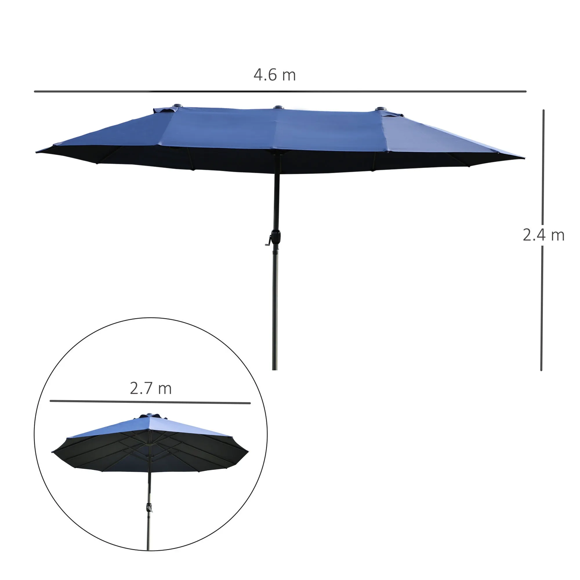 Double Garden Umbrella with Crank Opening, Steel and Polyester, 460x270x240 cm, Blue - Image 3