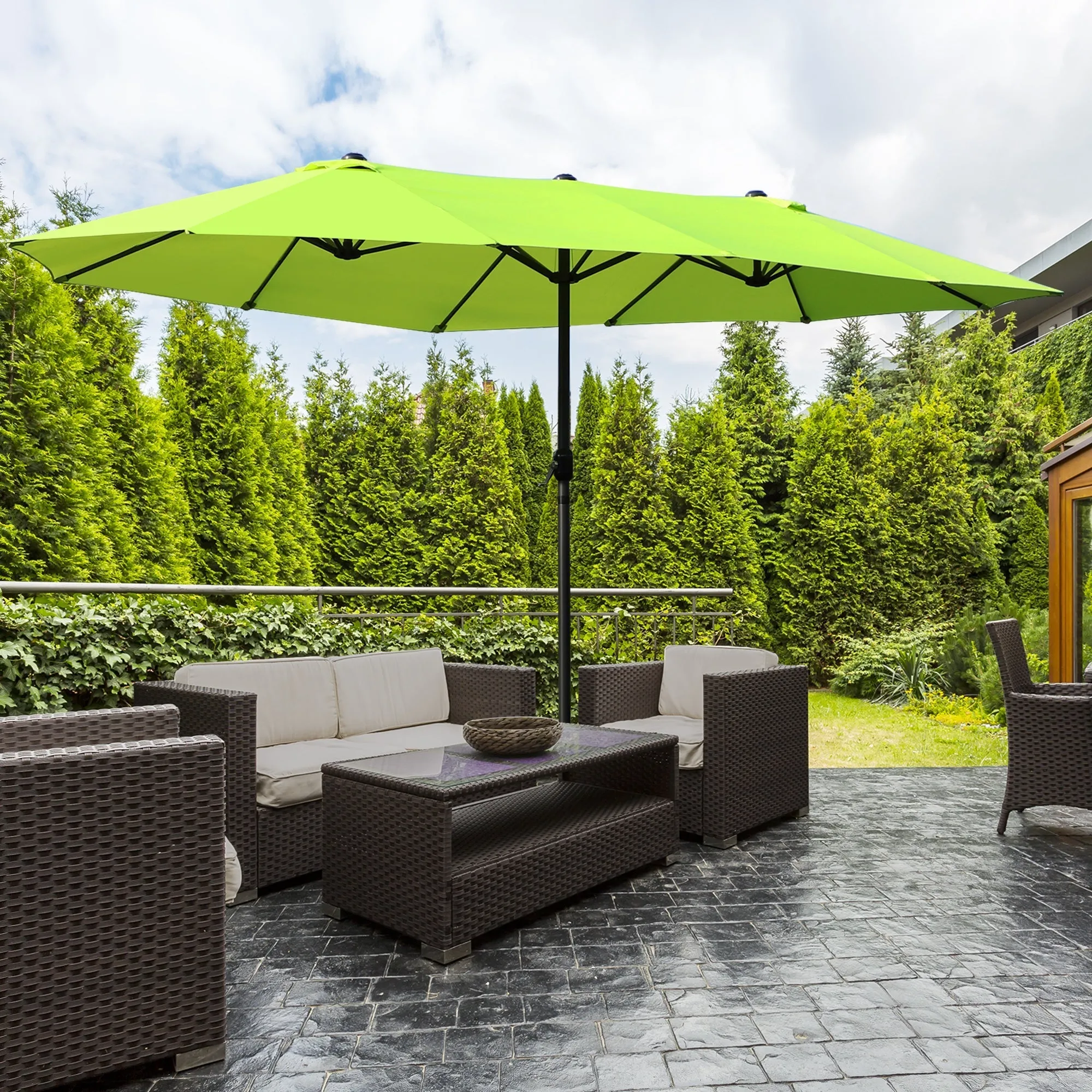 Double Garden Umbrella with Crank Opening, in Steel and Polyester, 460x270x240 cm, Light Green - Image 2
