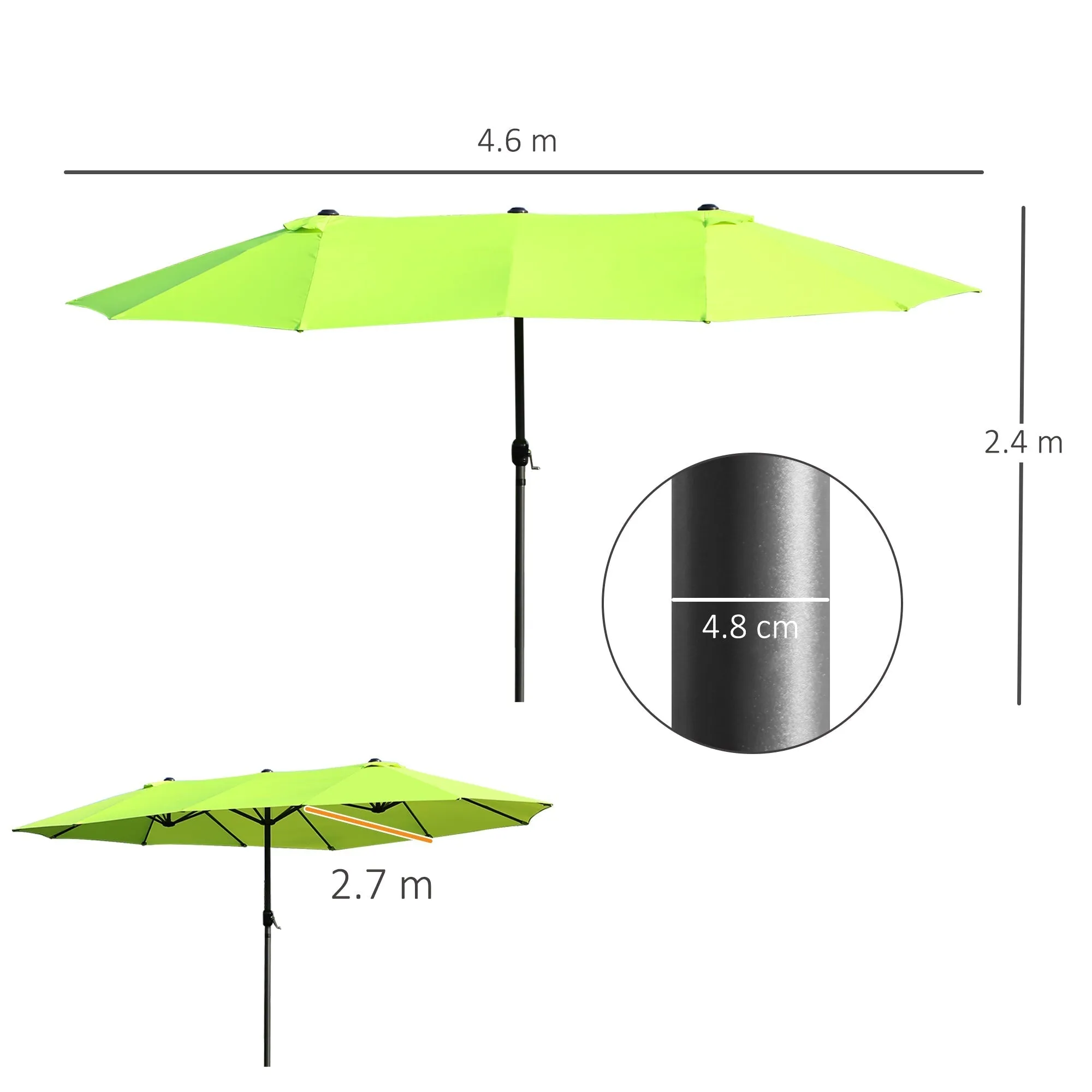 Double Garden Umbrella with Crank Opening, in Steel and Polyester, 460x270x240 cm, Light Green - Image 3