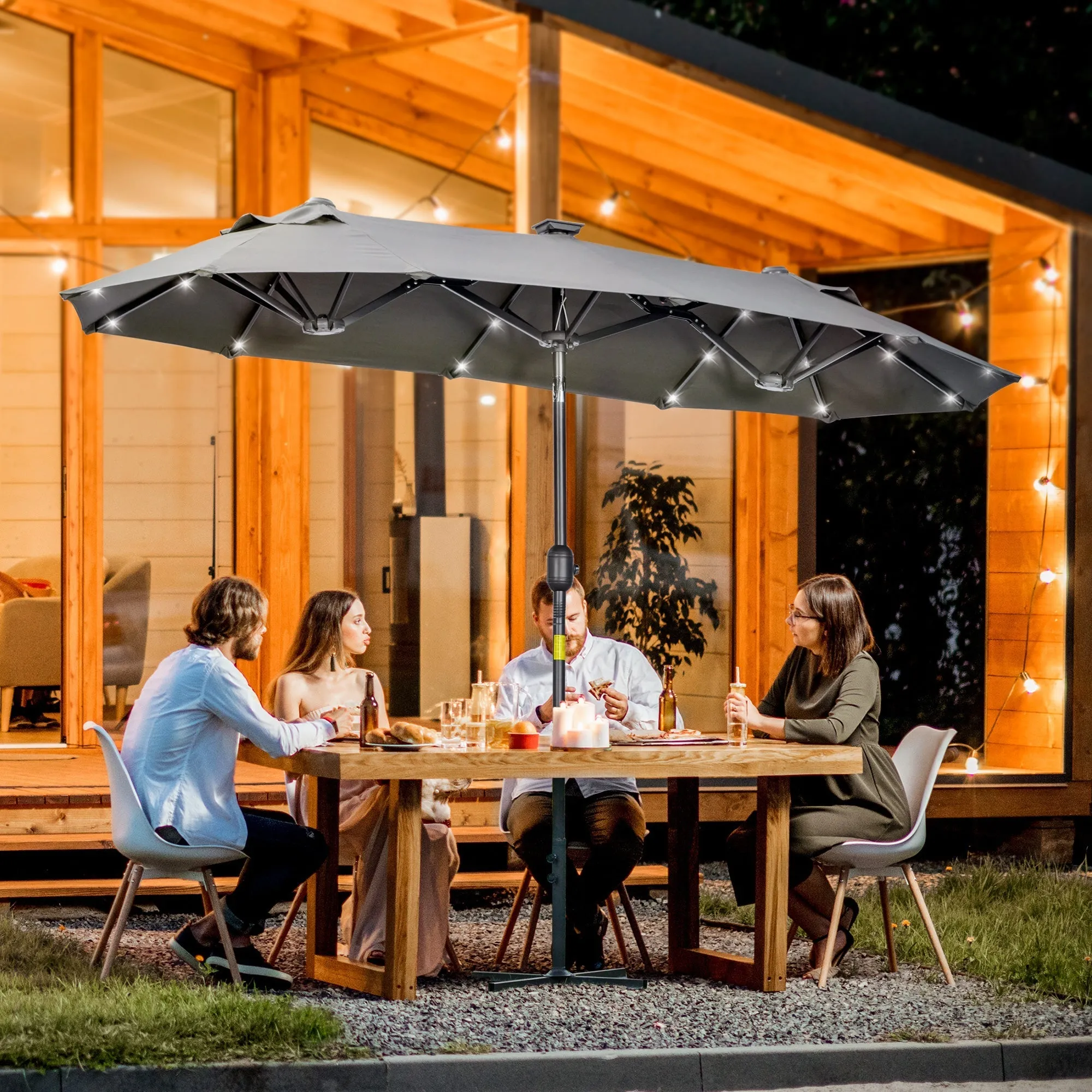 Double Parasol with Cross Base and Solar Lights, 295x150x219cm, Grey - Image 2