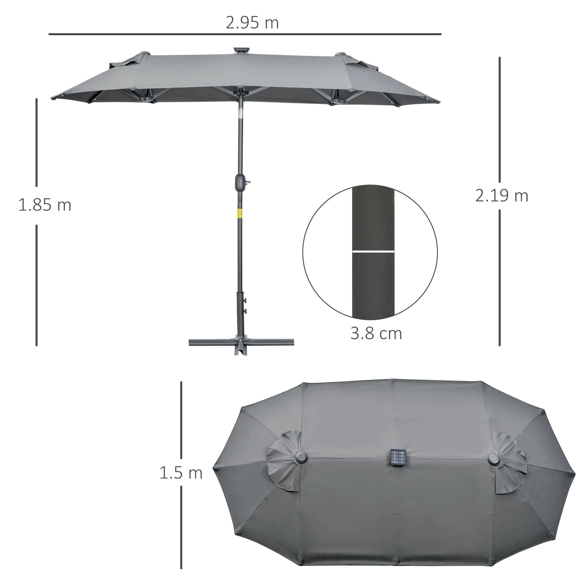 Double Parasol with Cross Base and Solar Lights, 295x150x219cm, Grey - Image 3
