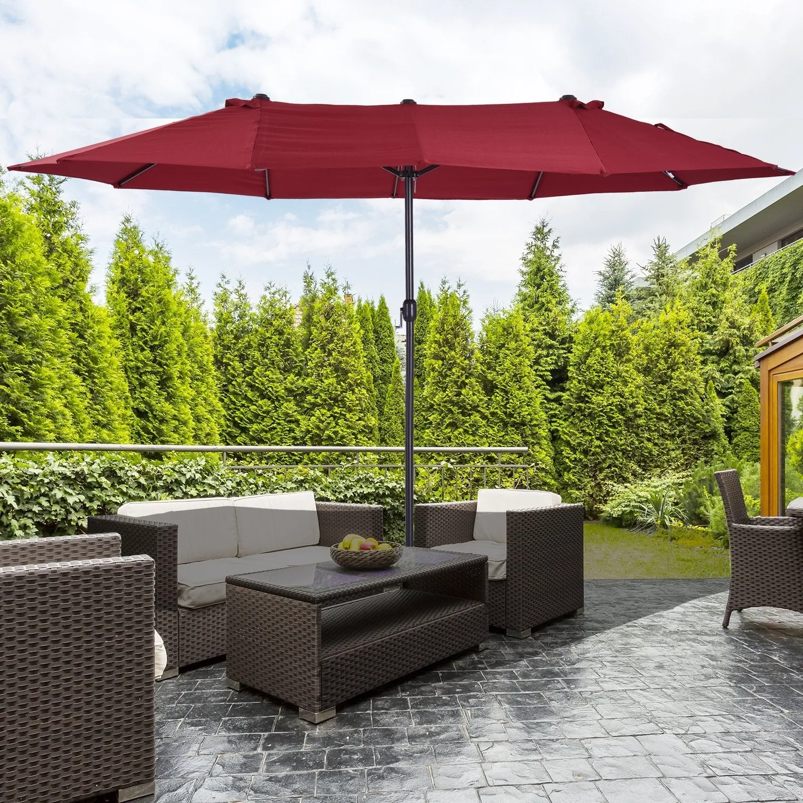 Double Garden Umbrella with Crank Opening, in Steel and Polyester, 460x270x240 cm, Red - Image 2