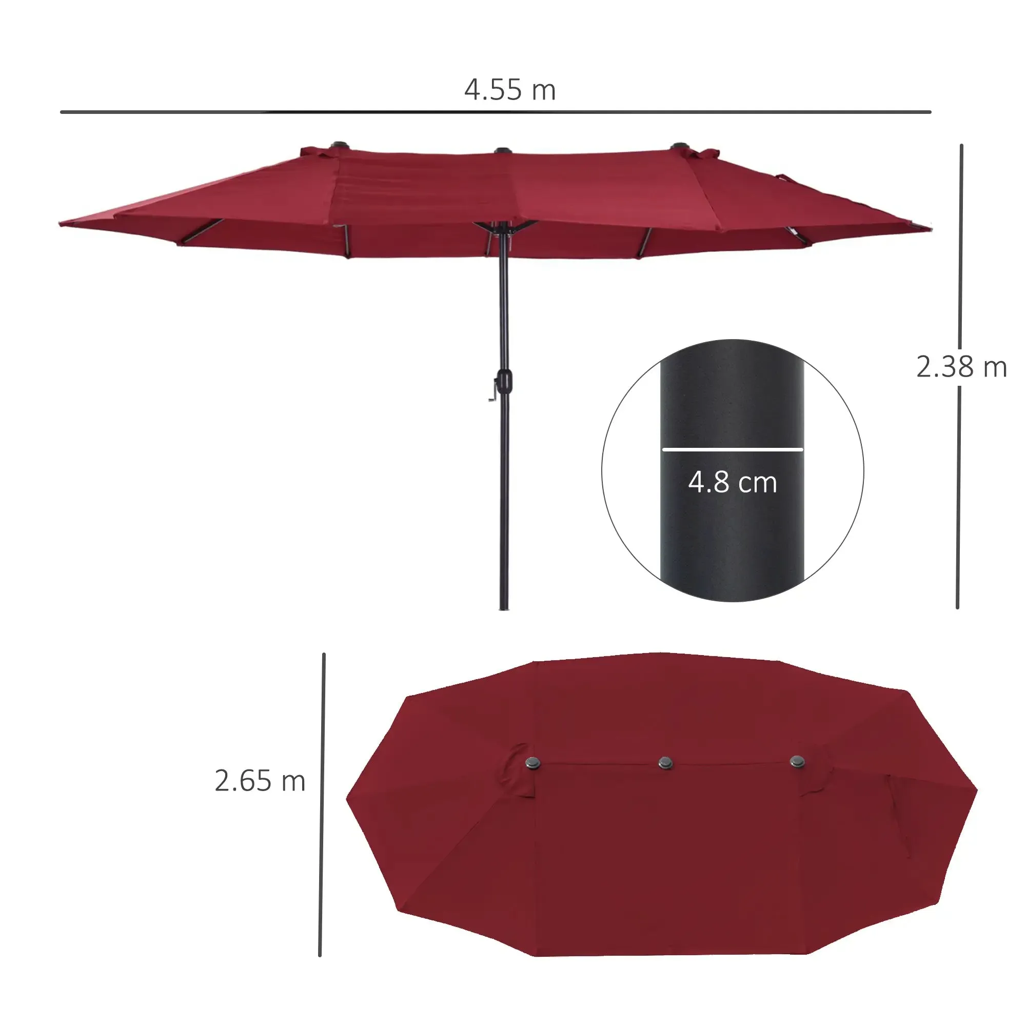 Double Garden Umbrella with Crank Opening, in Steel and Polyester, 460x270x240 cm, Red - Image 3