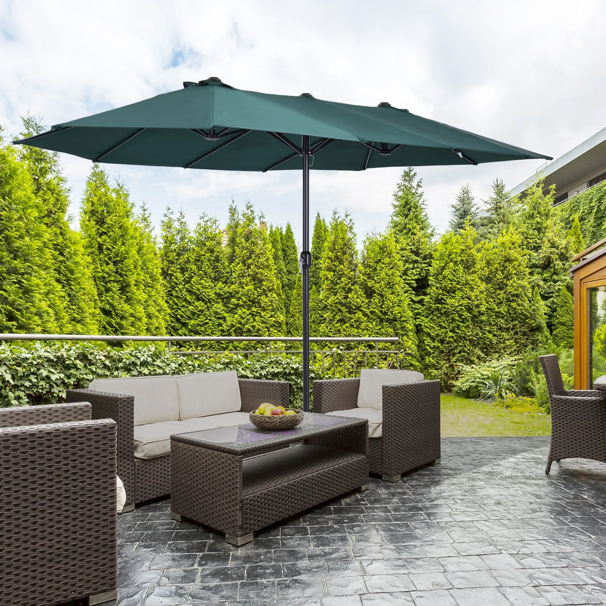 Double Garden Umbrella with Crank Opening, in Steel and Polyester, 455x265x238cm, Dark Green - Image 2