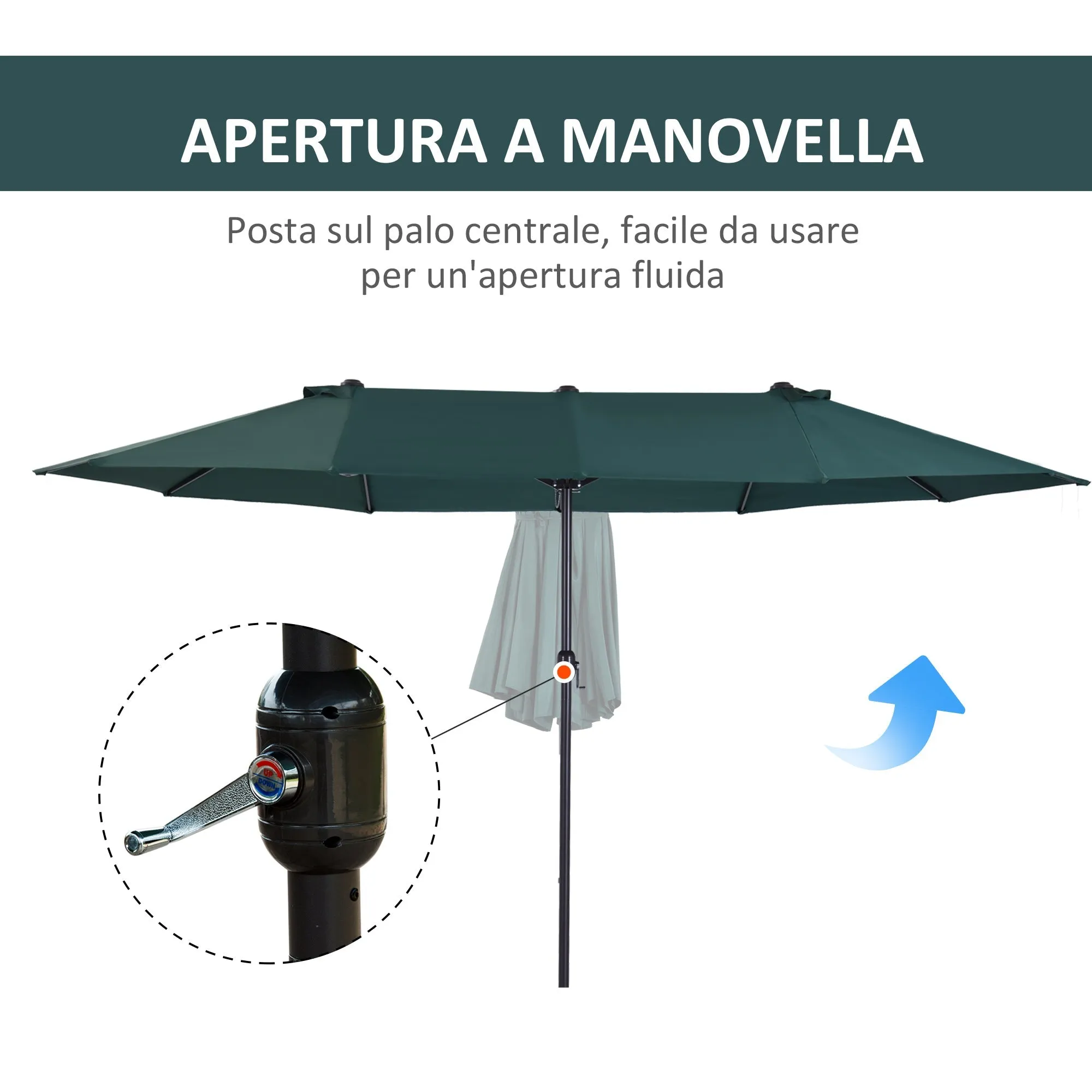 Double Garden Umbrella with Crank Opening, in Steel and Polyester, 455x265x238cm, Dark Green - Image 3
