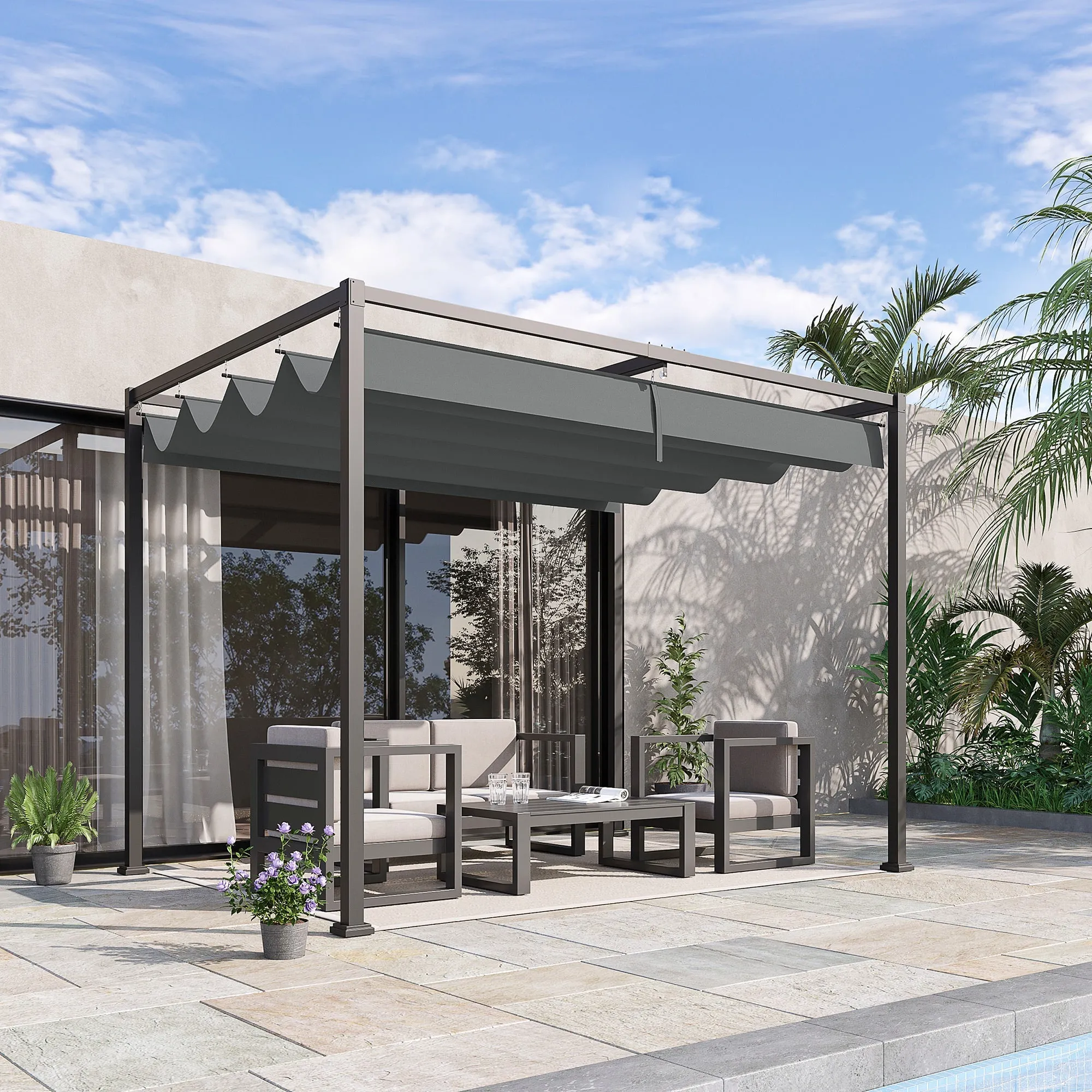 Gazebo Garden Pergola 3x2m with Sliding Metal and Polyester Cover, Grey and Black - Image 2