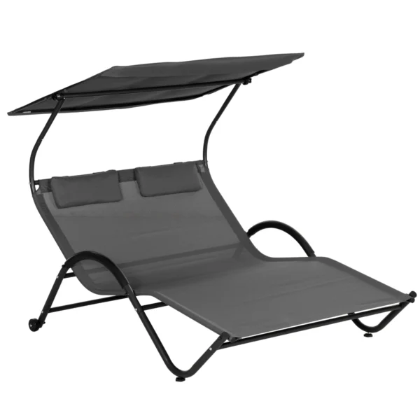 Ultimate Comfort: Deluxe 2-Seater Sun Lounger with Wheels, Padded Headrest, and Roof in Stylish Gray (200x137x138 cm)