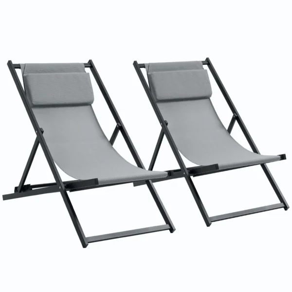 Set of 2 Outdoor Folding and Reclining Deck Chairs in Aluminum, Gray, 96.5 x 58 x 91.5cm