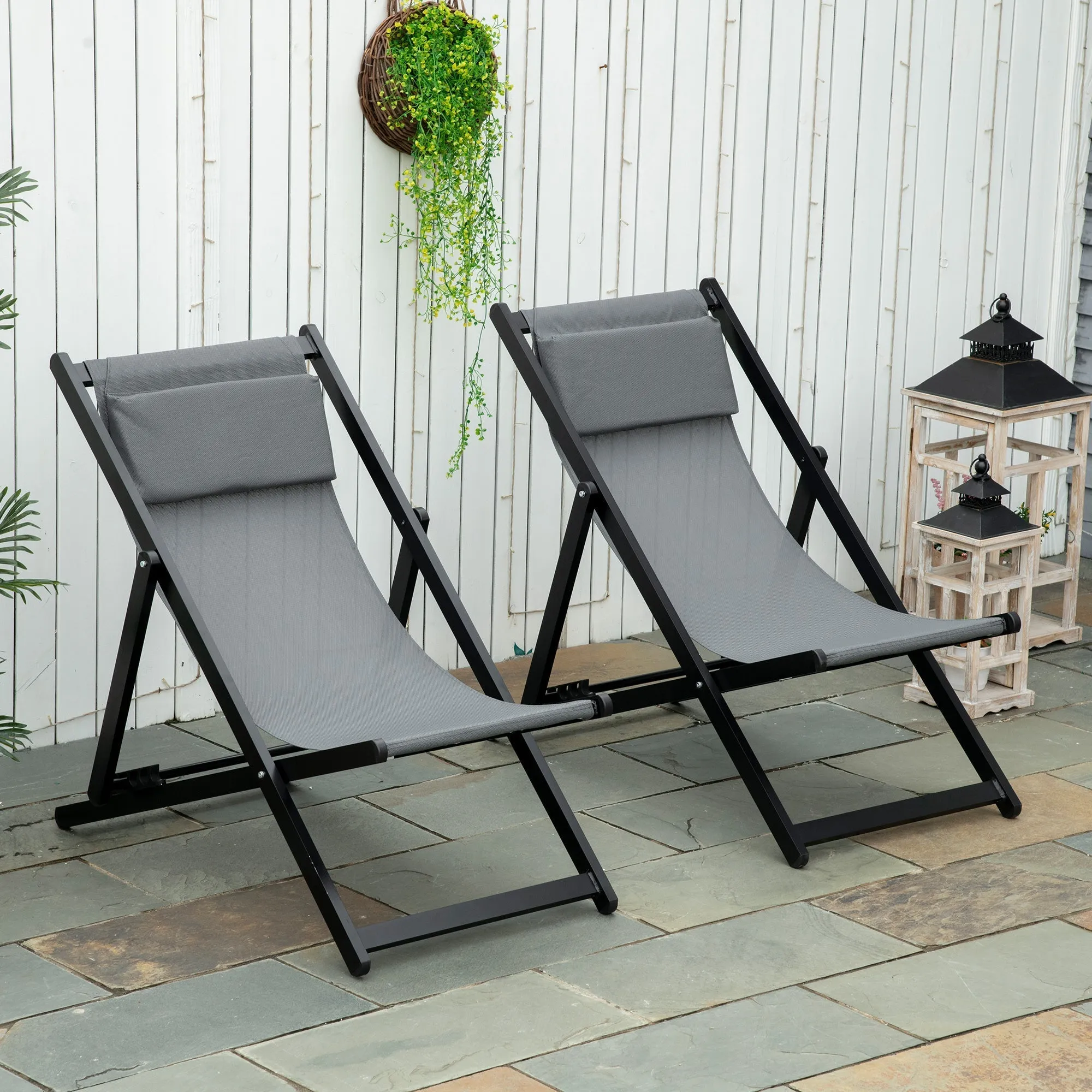 Set of 2 Outdoor Folding and Reclining Deck Chairs in Aluminum, Gray, 96.5 x 58 x 91.5cm - Image 2
