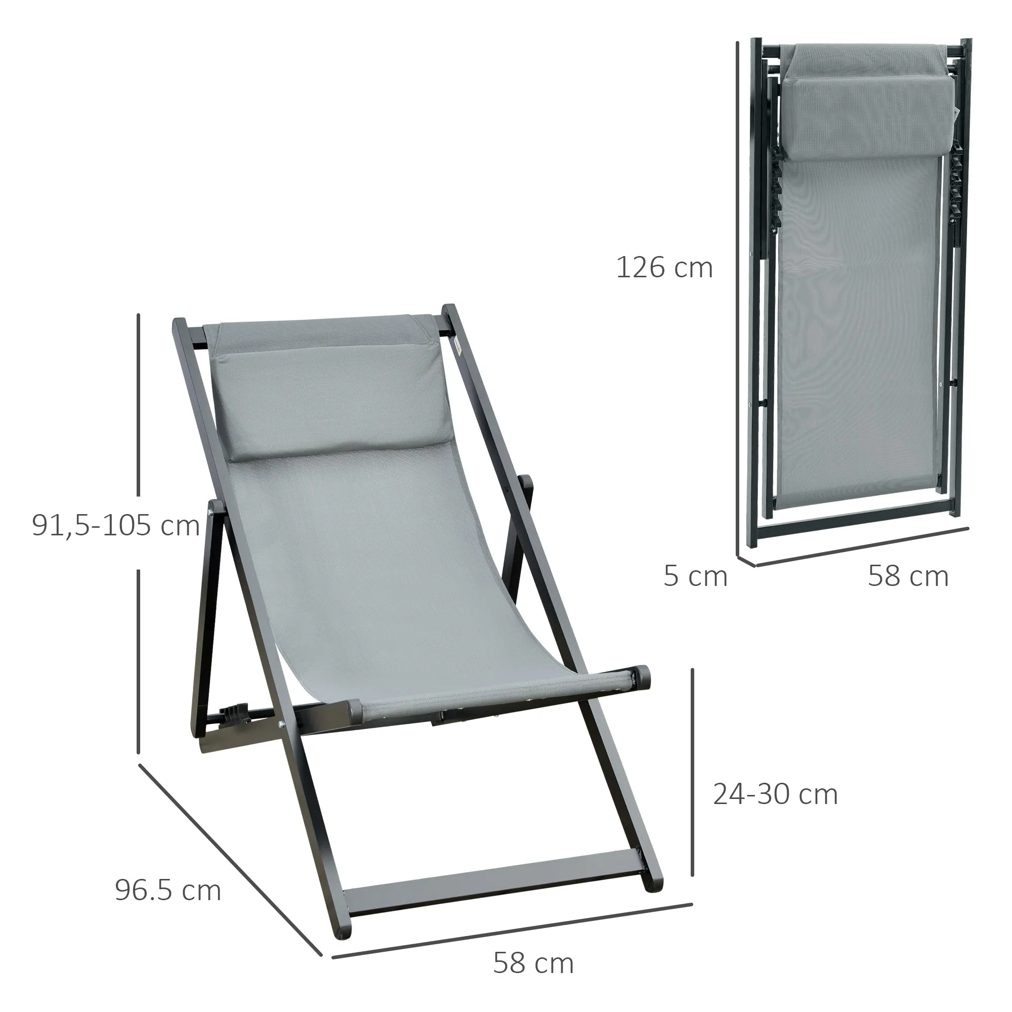Set of 2 Outdoor Folding and Reclining Deck Chairs in Aluminum, Gray, 96.5 x 58 x 91.5cm - Image 3