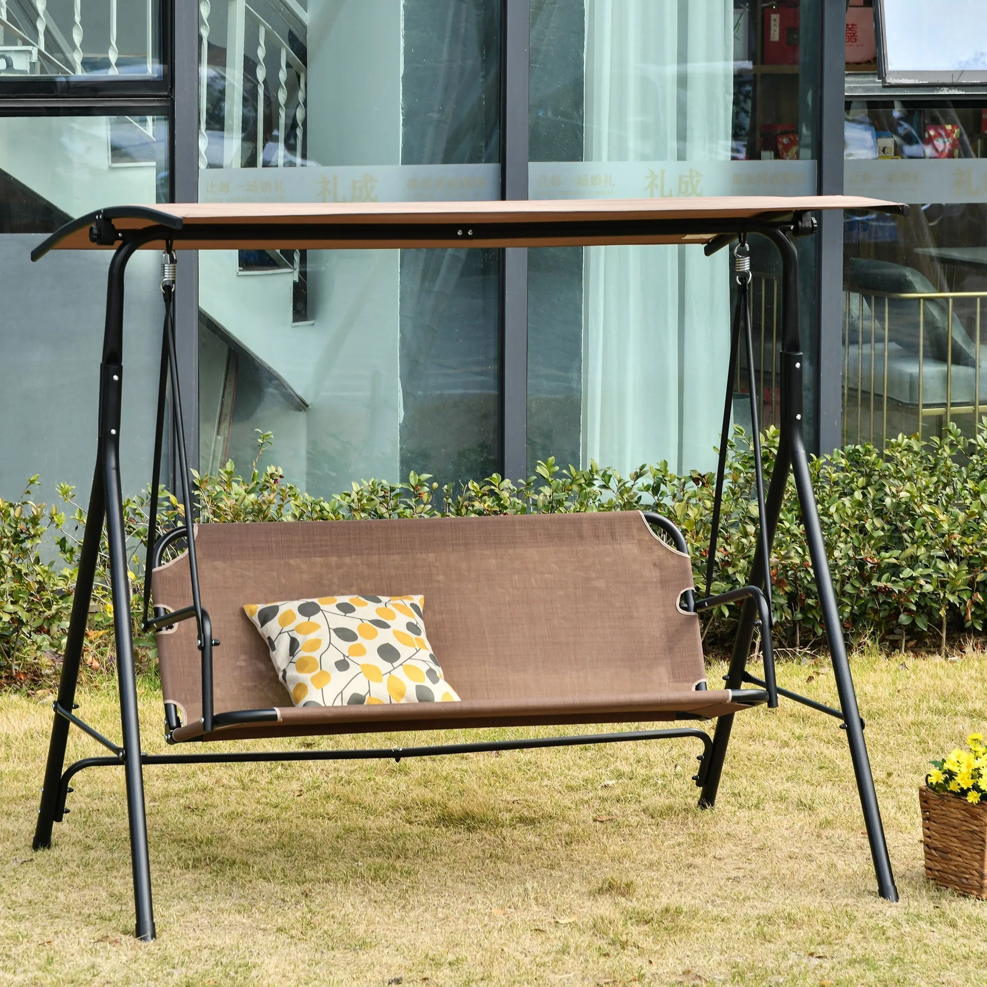 LOUISIANA | 3 Seater Garden Swing Terrace with Adjustable Canopy in Metal and Texteline 172x110x155cm Brown - Image 2