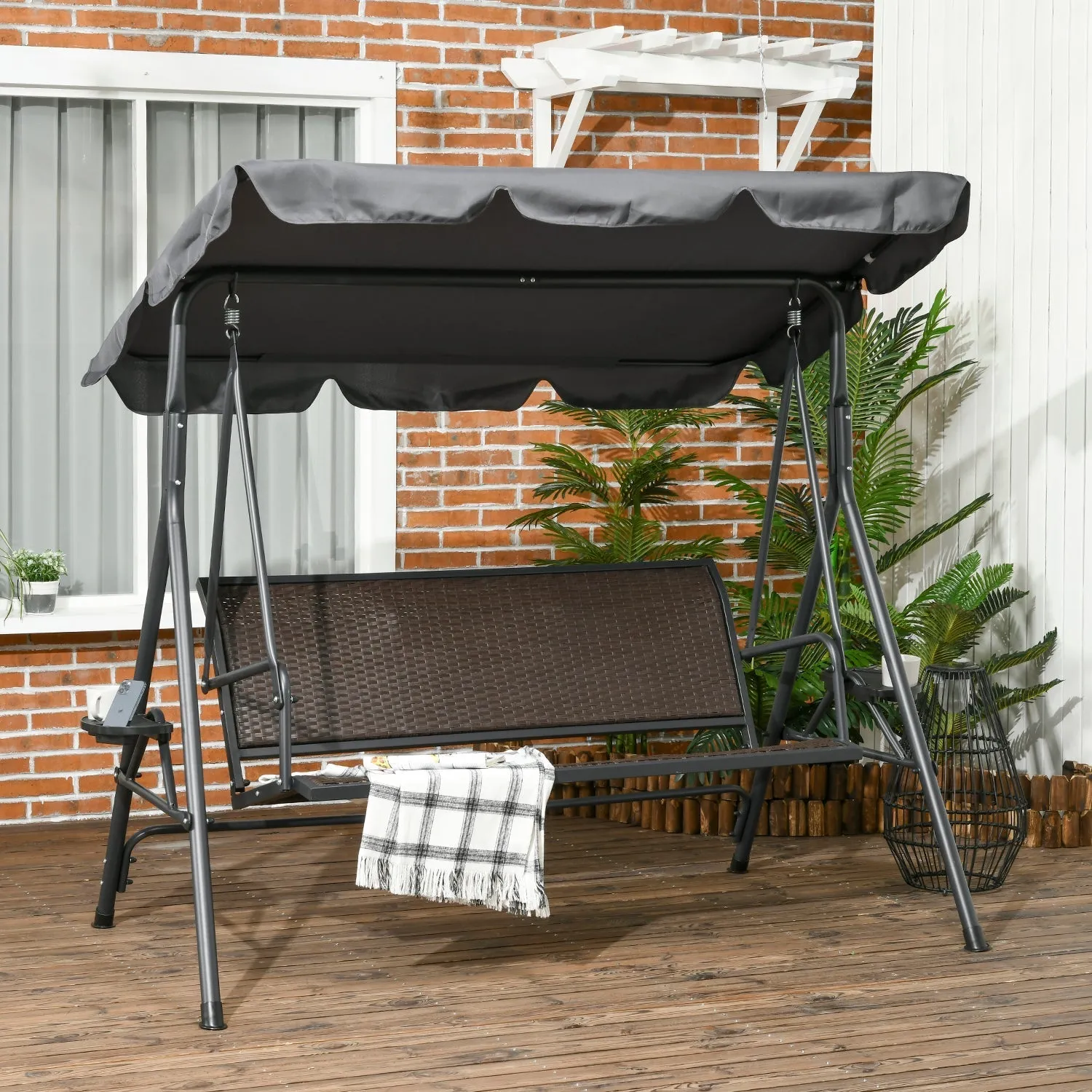 VIENNA | 3 Seater Garden Swing in PE Rattan and Steel with Adjustable Canopy and Cup Holder, 204x112x150 cm - Image 2