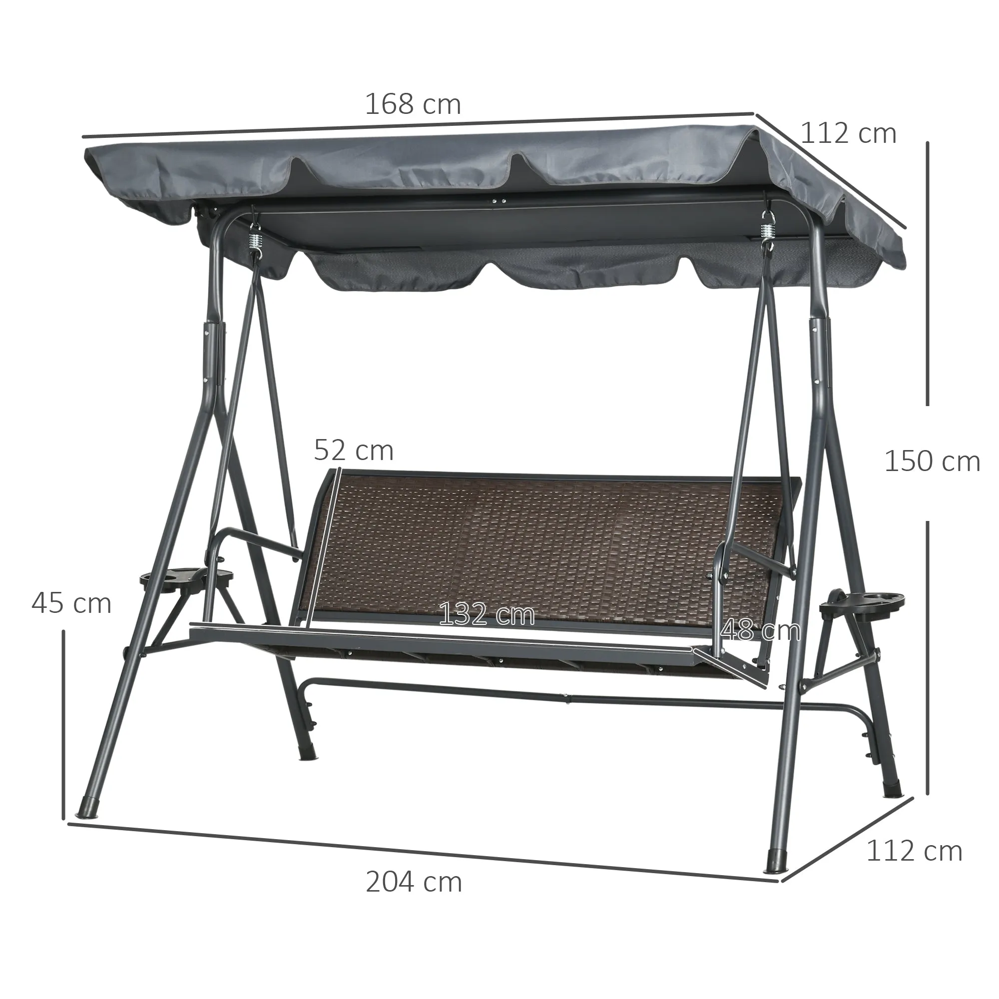 VIENNA | 3 Seater Garden Swing in PE Rattan and Steel with Adjustable Canopy and Cup Holder, 204x112x150 cm - Image 3