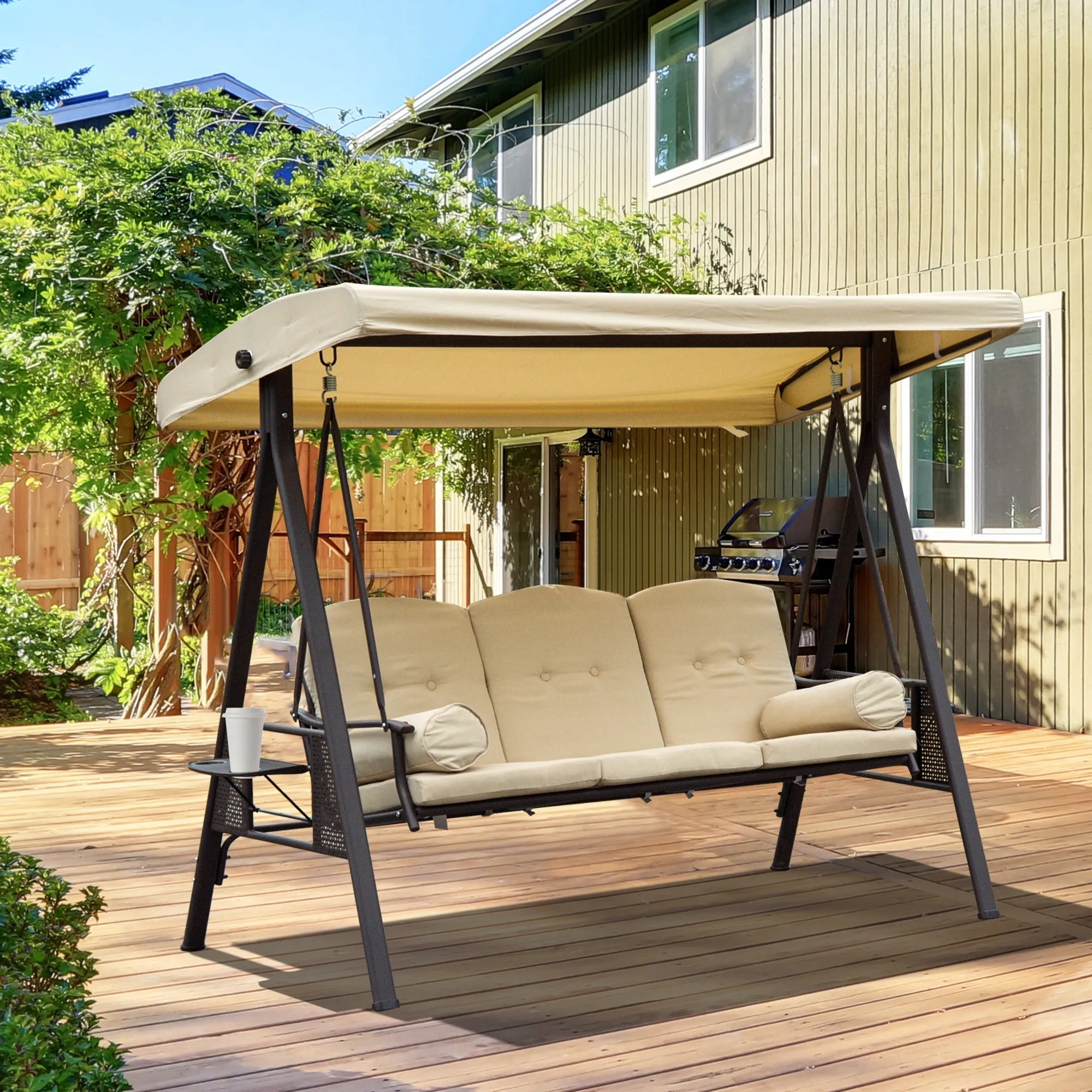 UTAH | Seater Metal Garden Swing, Outdoor Swing with Tilting Roof and Padded Cushions, 208x121x172 cm, Beige - Image 2