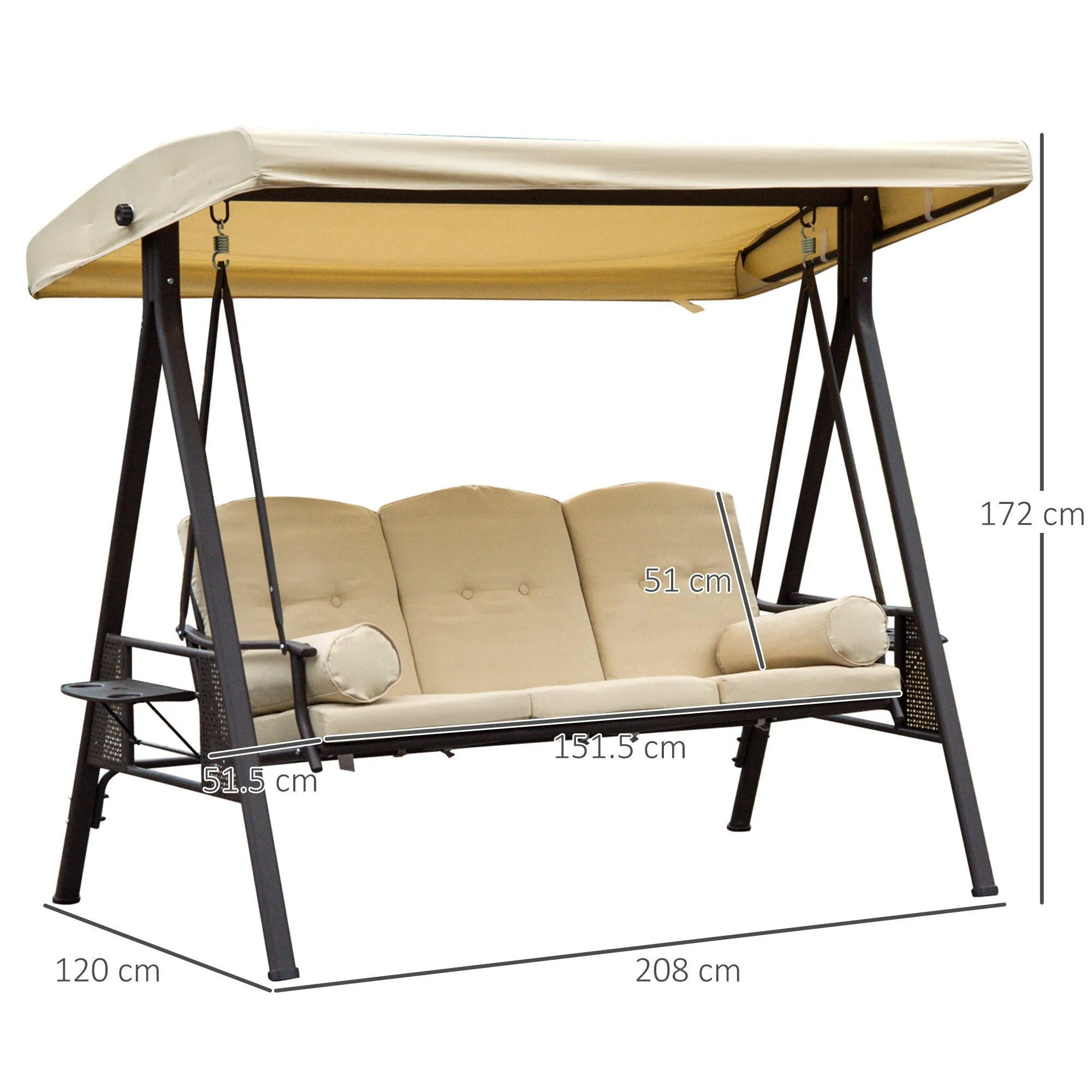 UTAH | Seater Metal Garden Swing, Outdoor Swing with Tilting Roof and Padded Cushions, 208x121x172 cm, Beige - Image 3