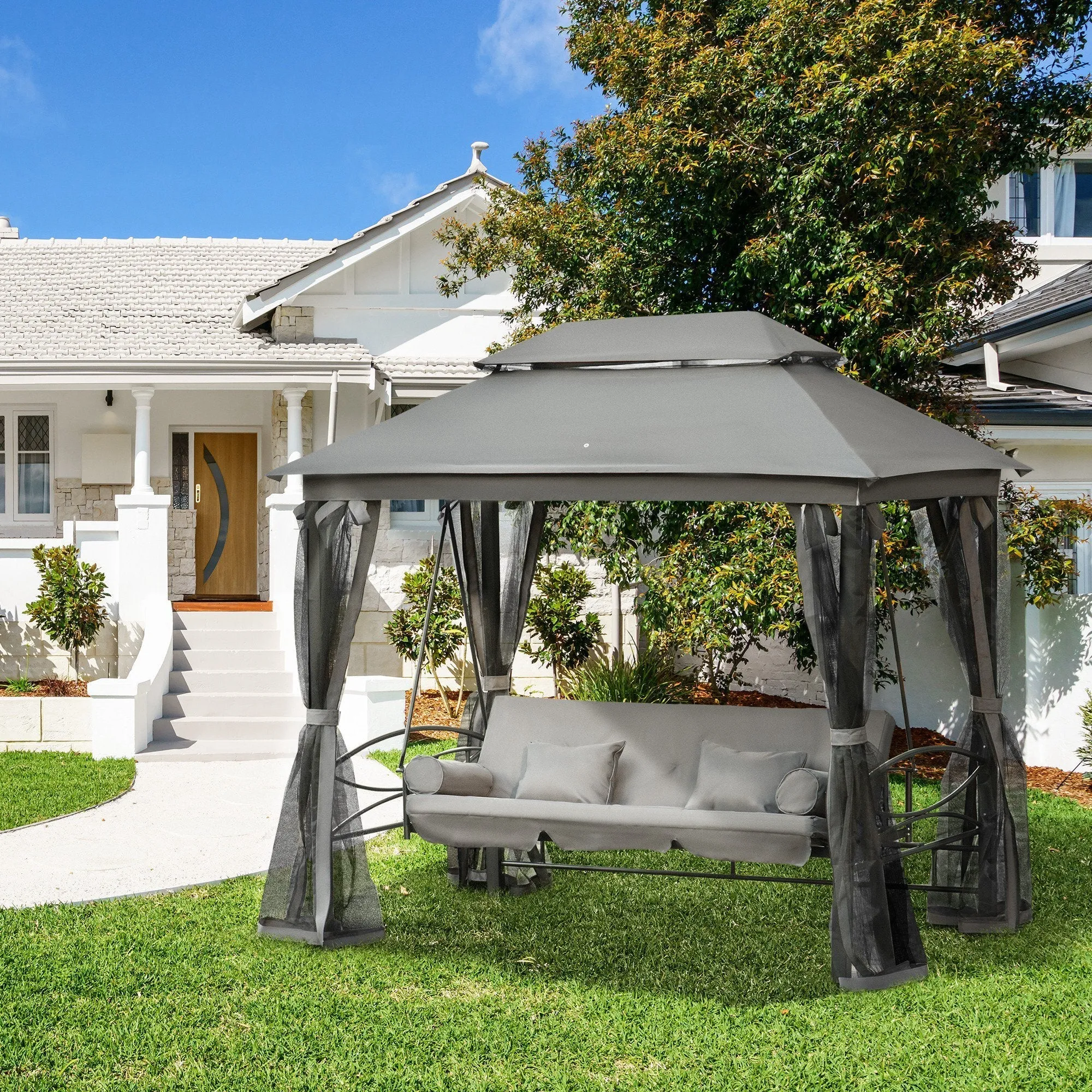 3-Seater Garden Swing, Lounger and Gazebo, 3-in-1 Design with Canopy, 256x172x248 cm, Dark Grey - Image 2