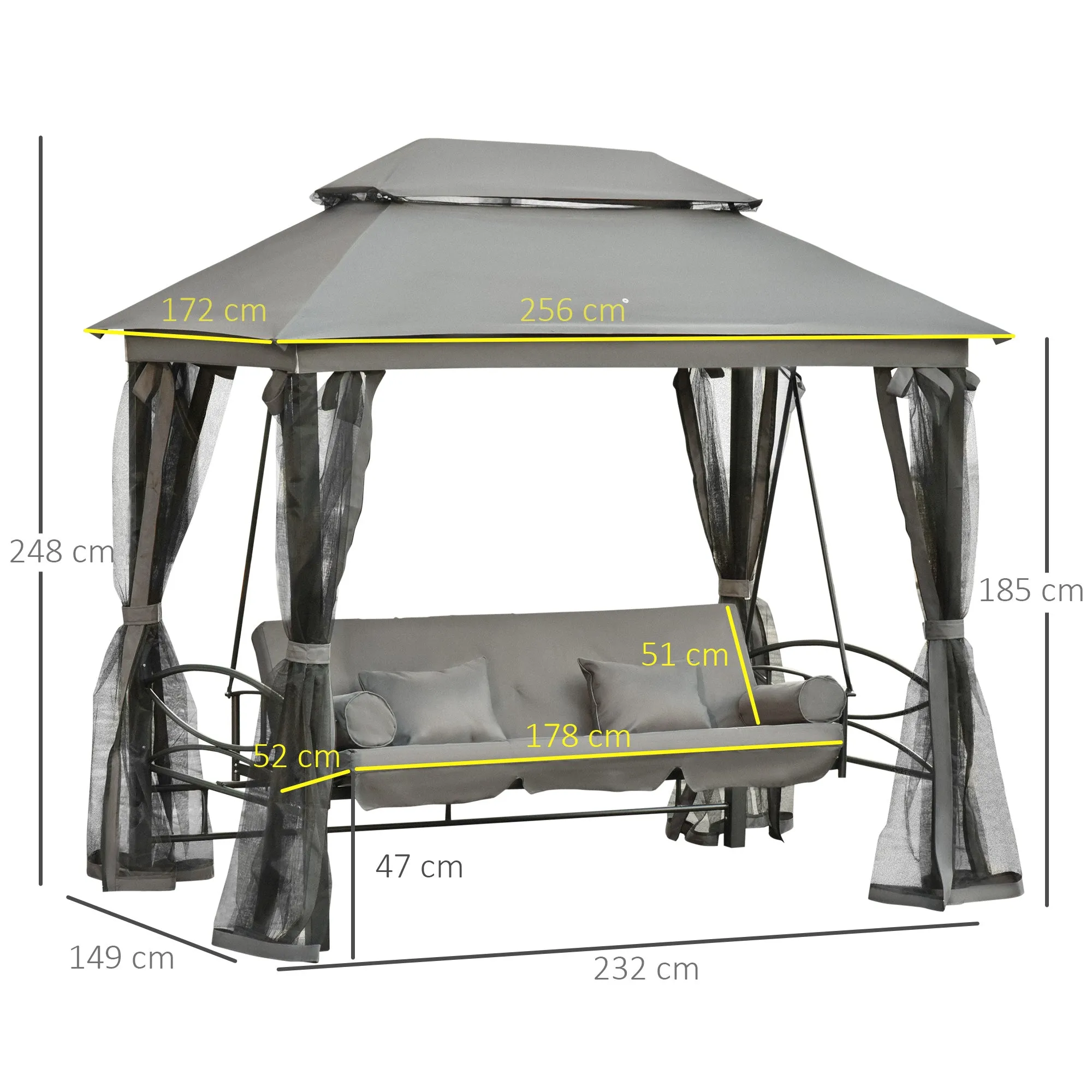 3-Seater Garden Swing, Lounger and Gazebo, 3-in-1 Design with Canopy, 256x172x248 cm, Dark Grey - Image 3