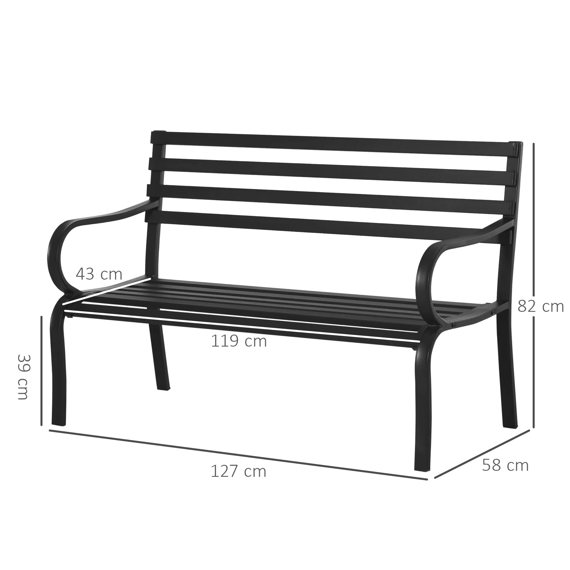 Outsunny garden bench in black metal 127 x 62 x 82cm - Image 3