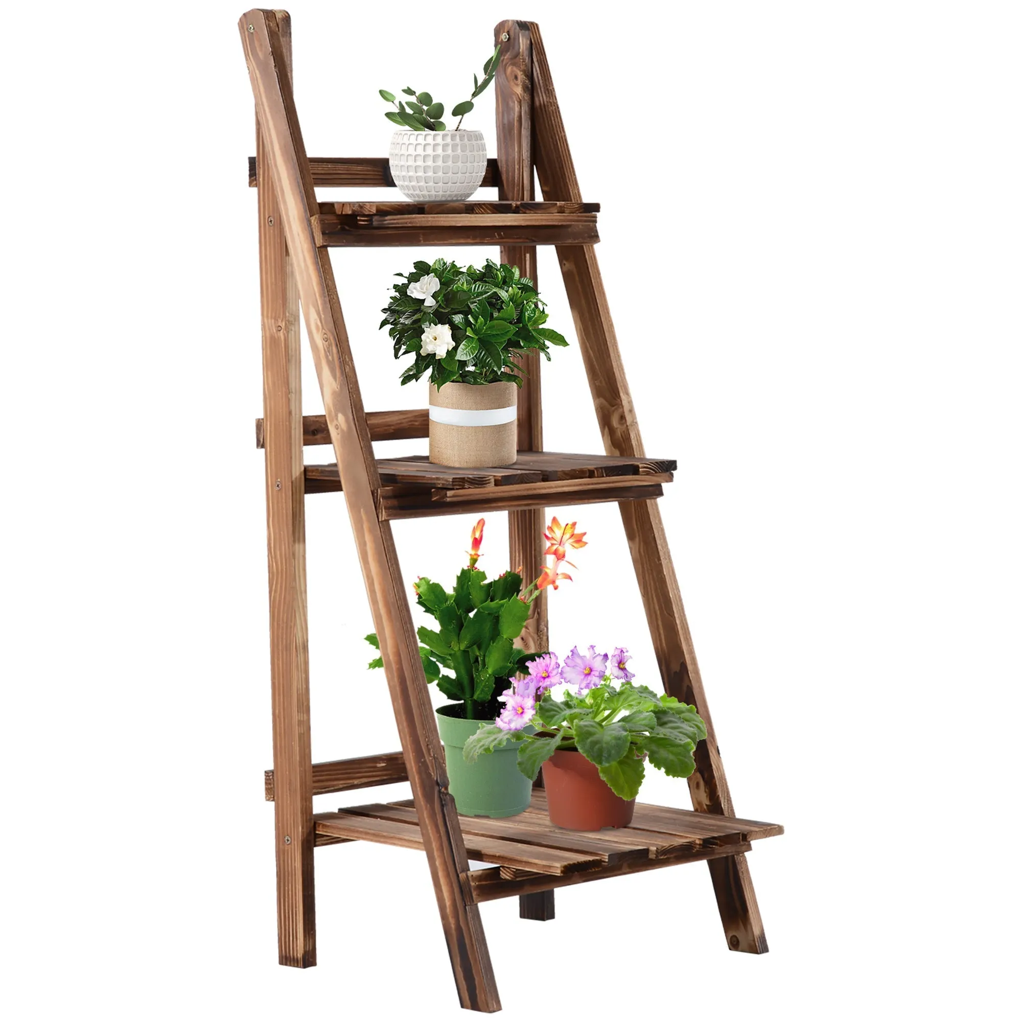 Folding Plant Stand Fir Wood Plant Pot Holder with 3 Tiers Outdoor Plant Shelf Flower Stand 40x37x93cm