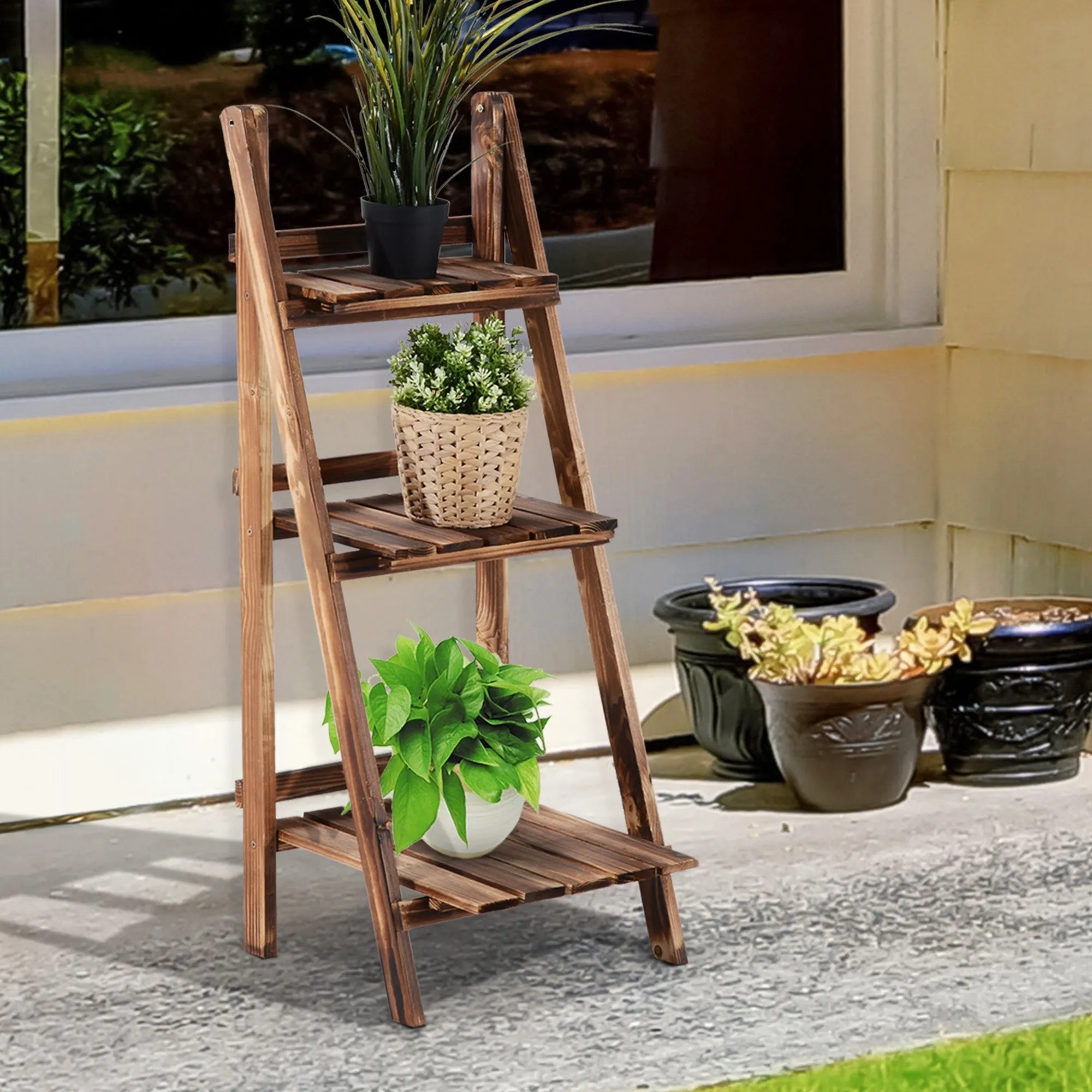 Folding Plant Stand Fir Wood Plant Pot Holder with 3 Tiers Outdoor Plant Shelf Flower Stand 40x37x93cm - Image 2