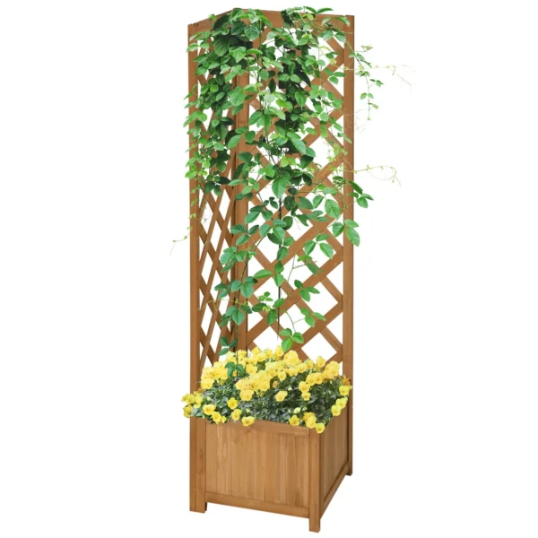 Brown Fir Wood Garden Planter with Trellis for Climbing Plants and Decorations, 40x40x145 cm