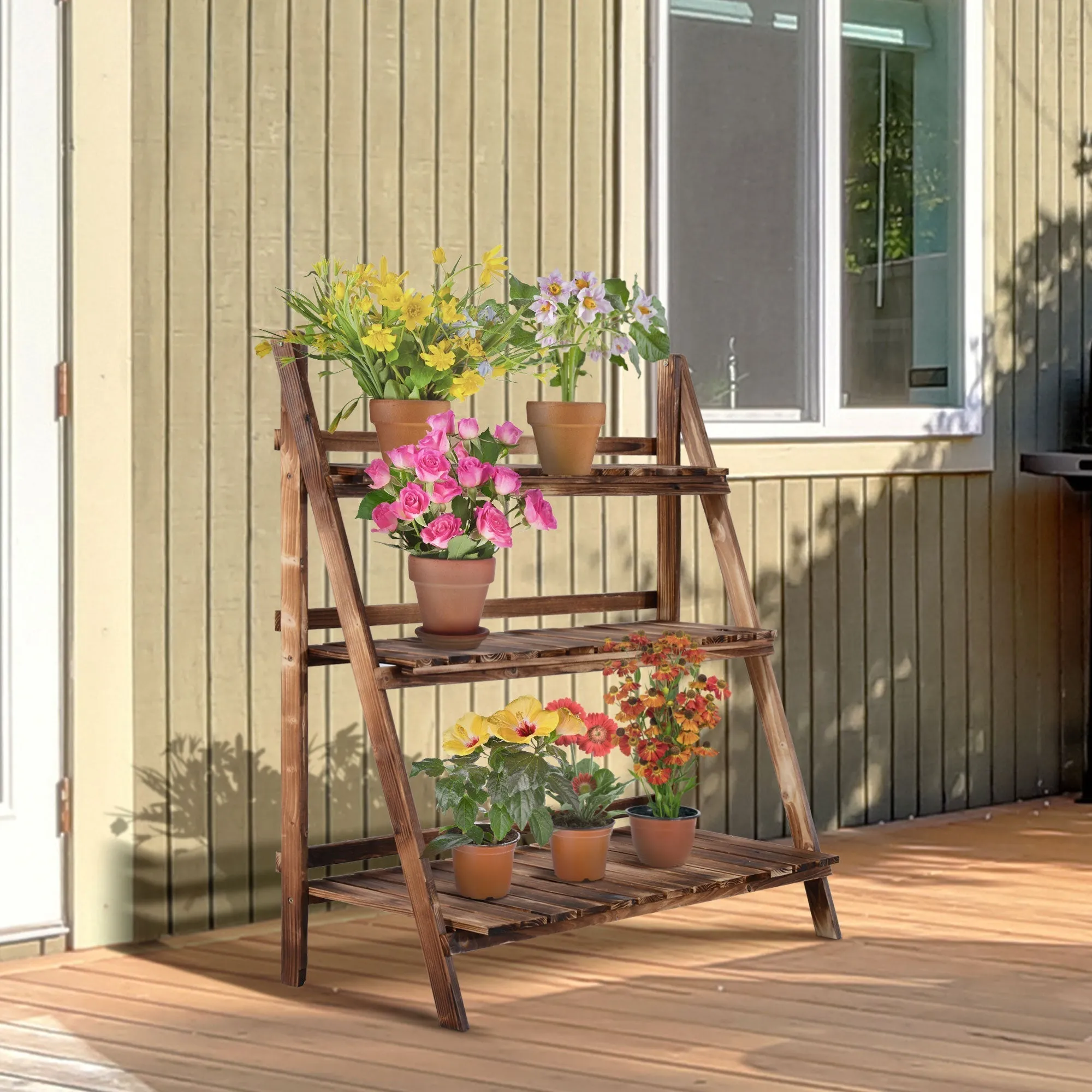 Folding Plant Stand Fir Wood Plant Pot Holder with 3 Tiers Outdoor Plant Shelf Flower Stand 100x37x93cm - Image 2
