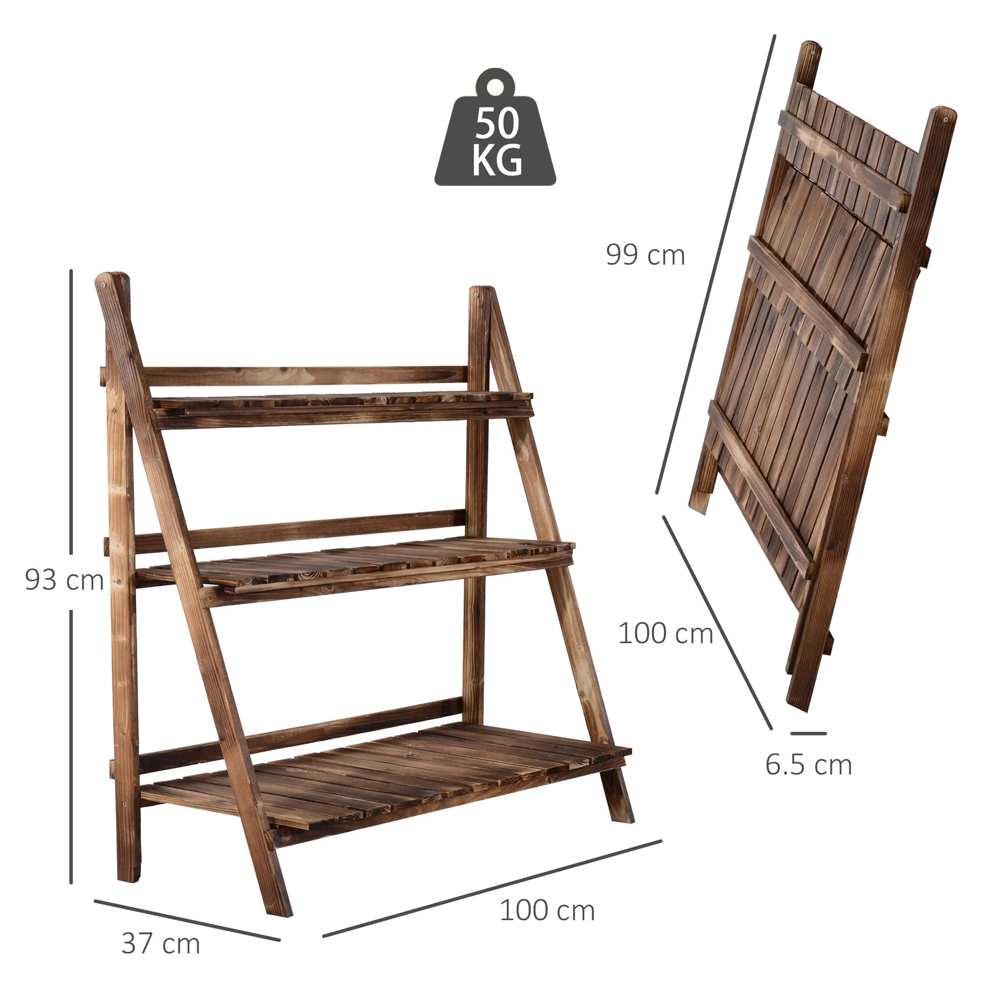 Folding Plant Stand Fir Wood Plant Pot Holder with 3 Tiers Outdoor Plant Shelf Flower Stand 100x37x93cm - Image 3