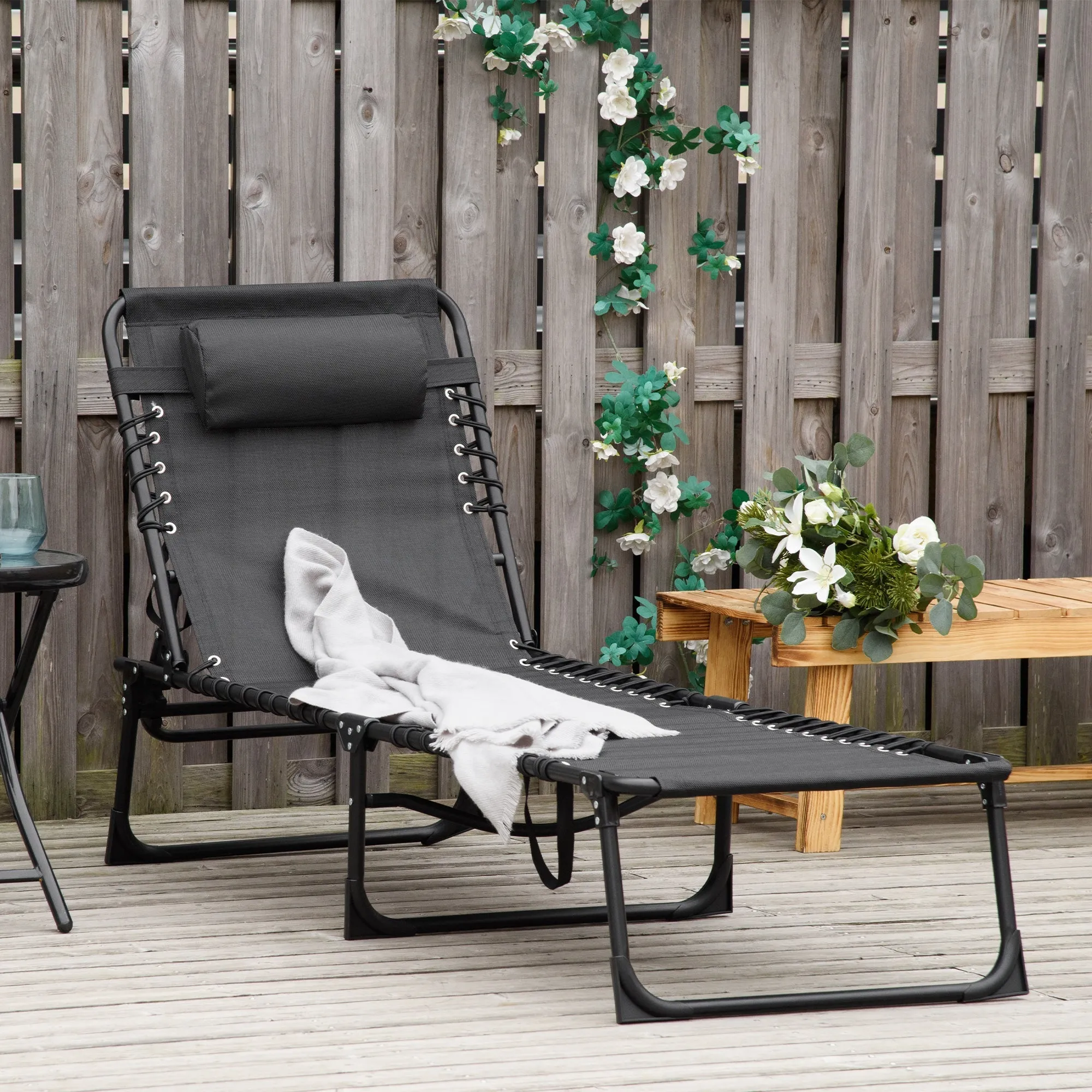 Steel and Breathable Fabric Sun Lounger with Reclining Backrest, 197x58x30 cm, Black - Image 2