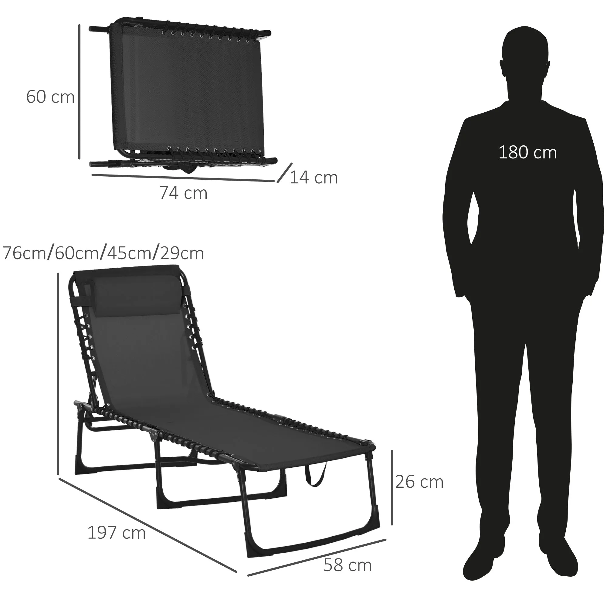 Steel and Breathable Fabric Sun Lounger with Reclining Backrest, 197x58x30 cm, Black - Image 3