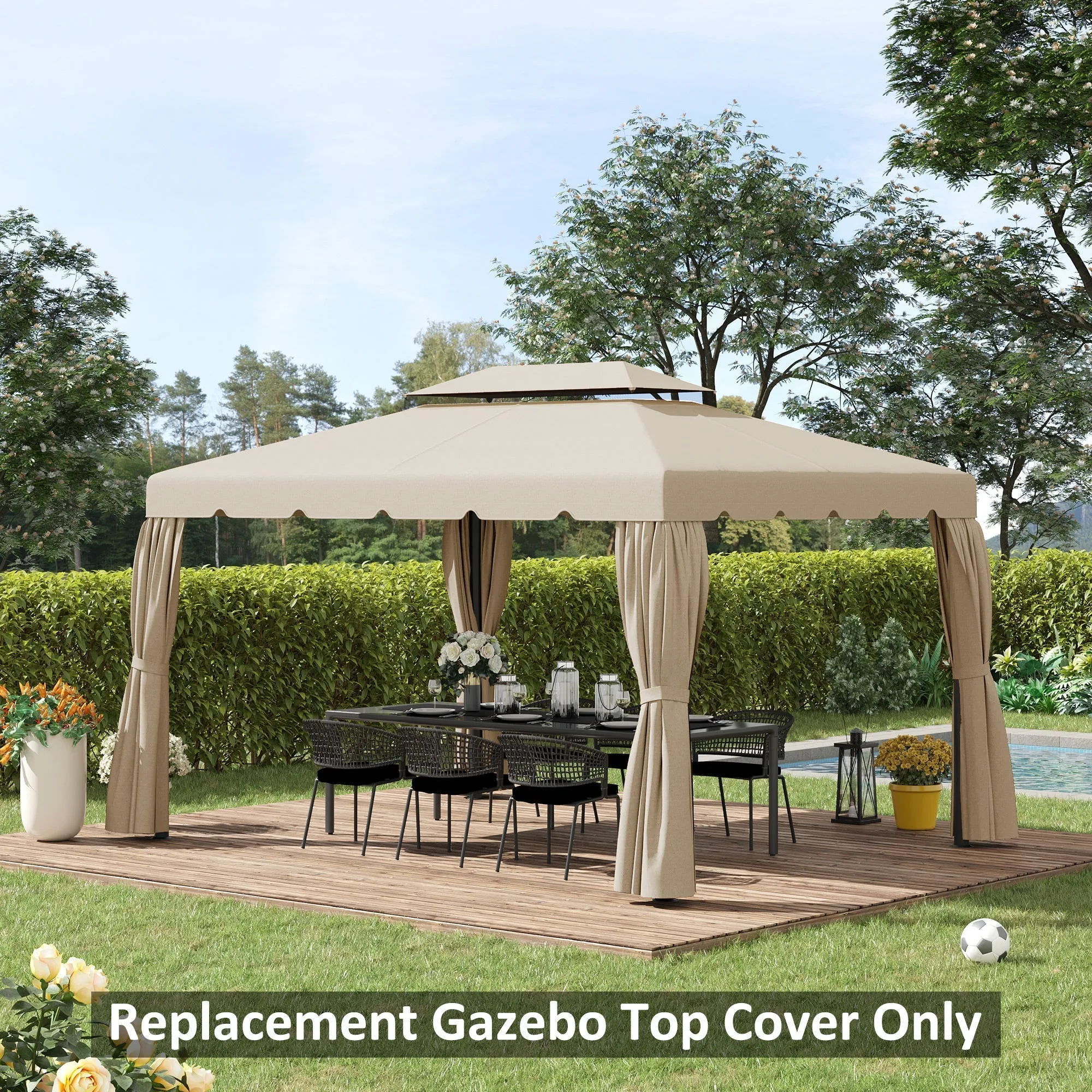 3x4m Garden Gazebo Replacement Canopy with 2 Tier Roof in Beige Polyester - Image 2