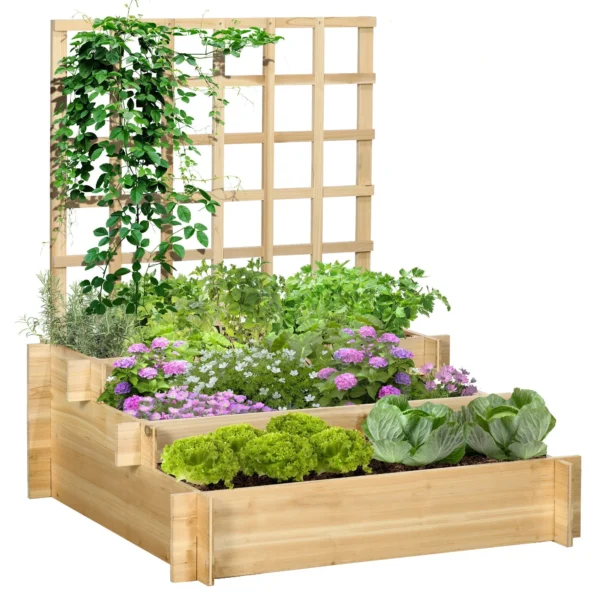 3-Tier Outdoor Planter with Fir Wood and Non-Woven Fabric Trellis, 95x95x110 cm