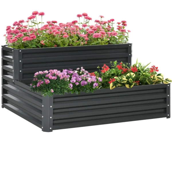 2-Tier Raised Garden Bed in Steel with Open Bottom, 120x101x58cm, Dark Grey