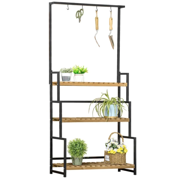 3-Tier Flower Stand with Top Hooks Fir Wood and Metal for Indoor and Outdoor, 80x36x174 cm