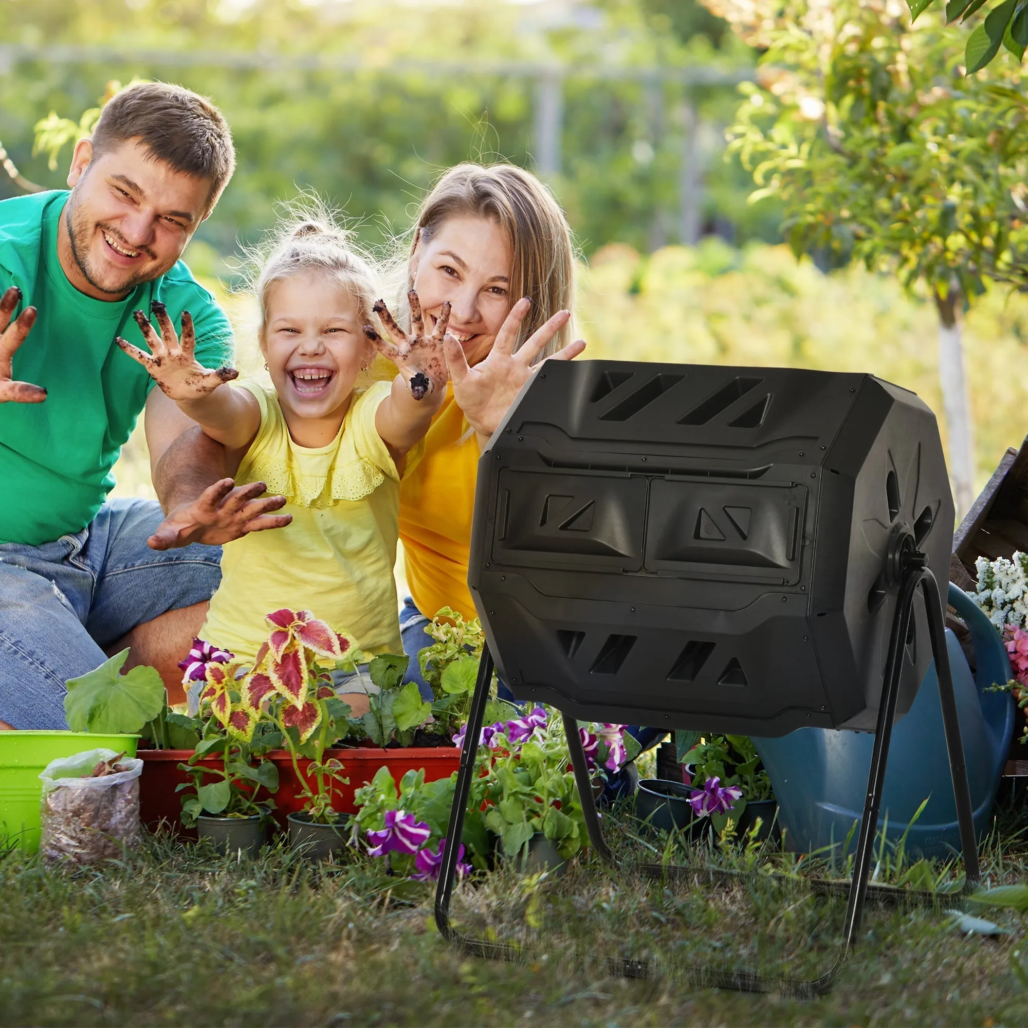 2-Section Rotating Garden Composter with 8 Air Vents, Home Composter in Steel and PP, 160 L, for Composting Organic Waste, 71x65x96 cm, Black - Image 2