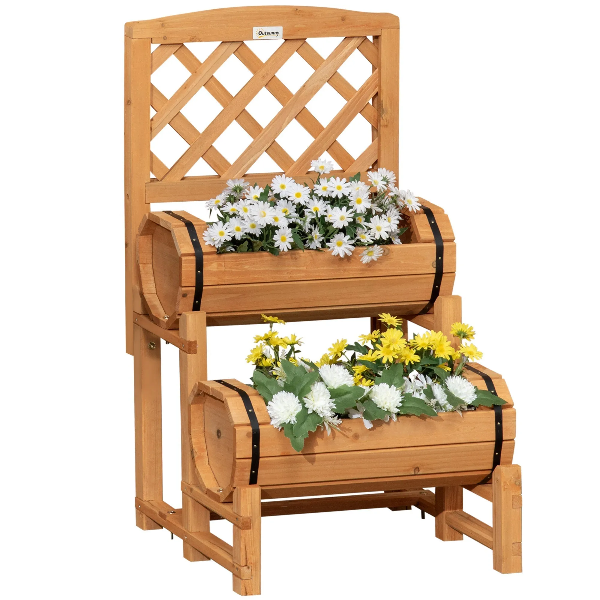 Half Barrel Outdoor Planter in Fir Wood with Raised Vertical Design, 45x45x80 cm