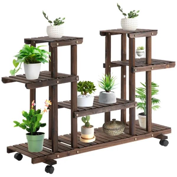 4-Tier Flower Rack, Indoor and Outdoor Wooden Planter with 4 Wheels, 123.5 x 33 x 80cm