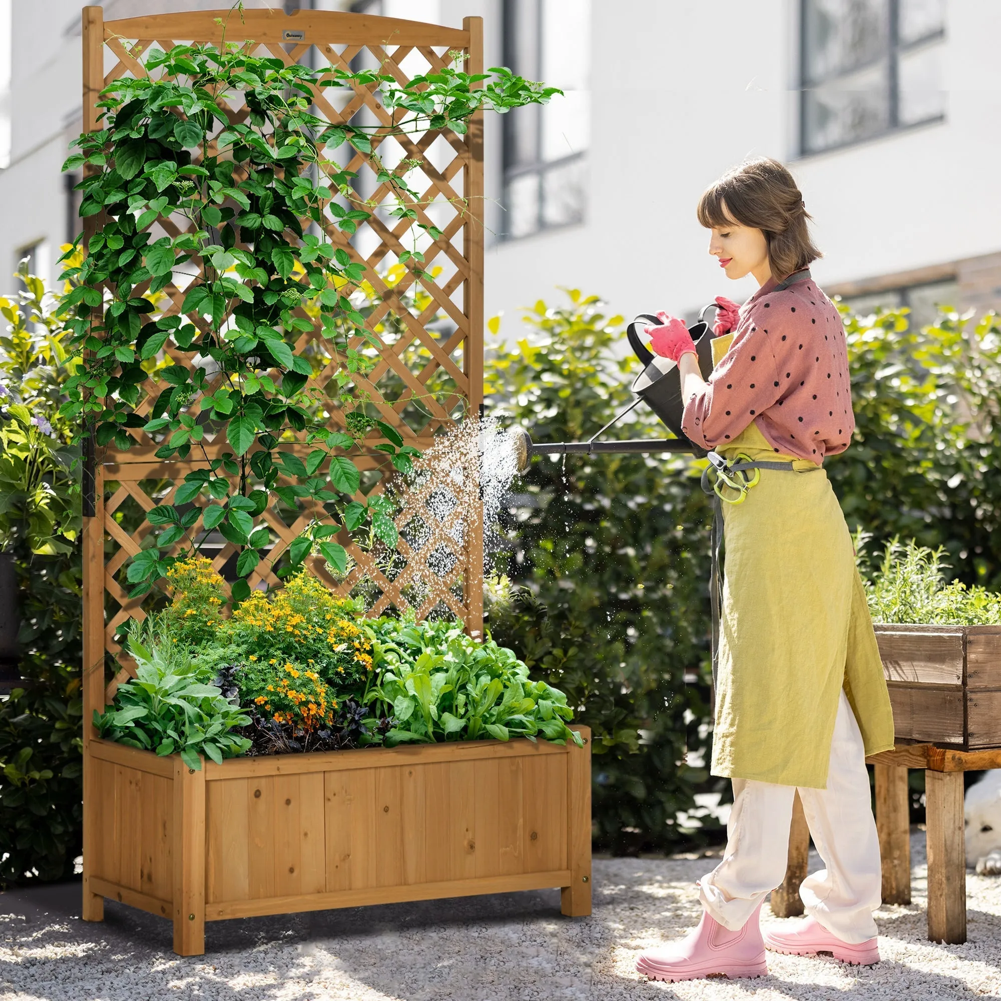 Outdoor Planter in Fir Wood with Raised Vertical Design, 90x45x180 cm, Yellow - Image 2