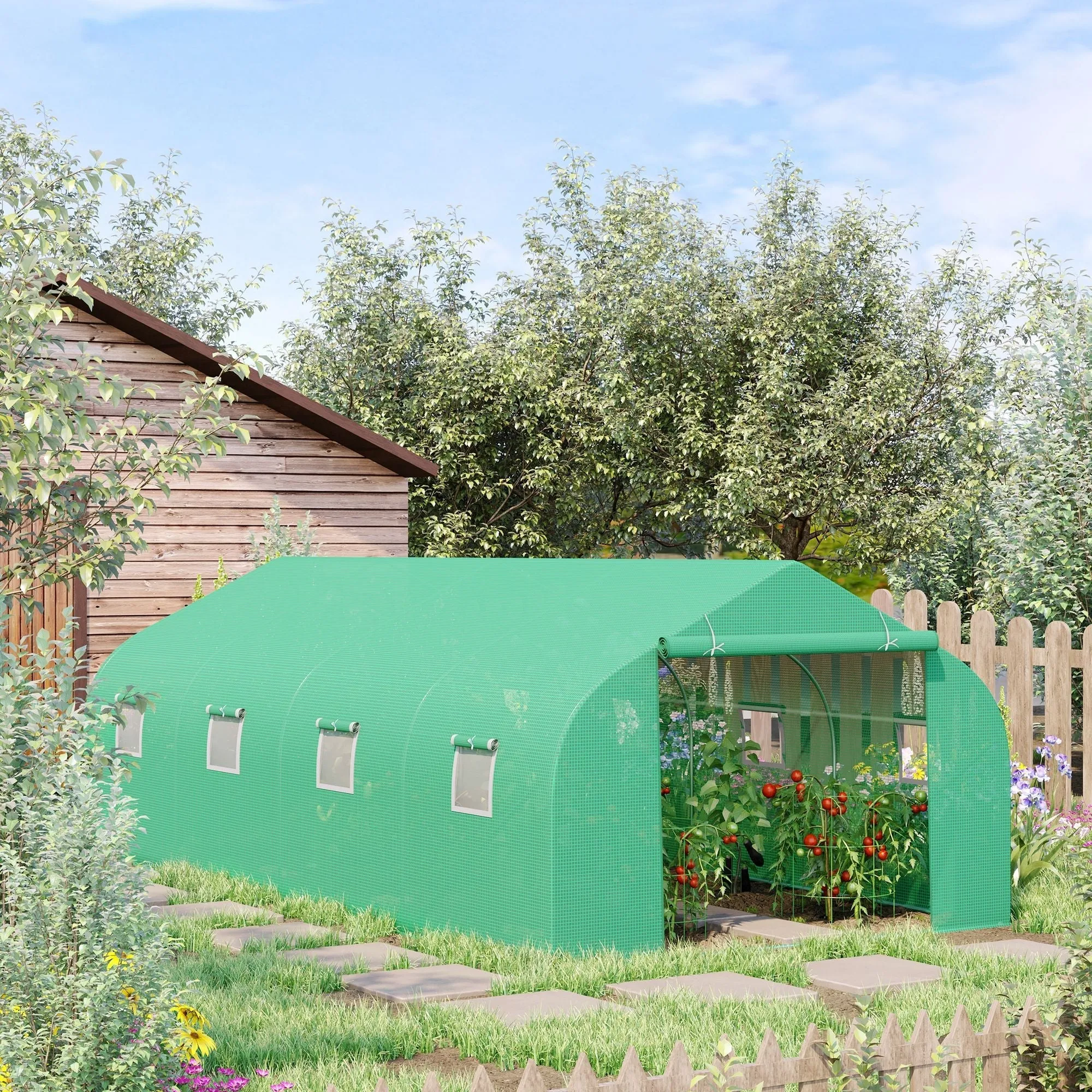 unnel Greenhouse with 8 Side Windows and Roller Entrance, in PE and Steel, 6x3x2 m, Green - Image 2